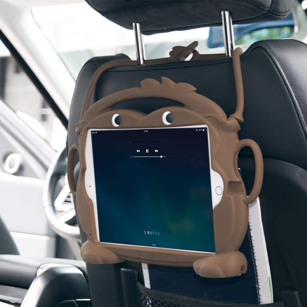 Kid Monkey Case Compatible with iPad 7th Gen 10.2 Inch (2019), iPad Air (2019), iPad Pro 10.5-inch - Shockproof Silicone Protective Cover with Convertible Handle Stand | BPA Free | Cartoon Design (Brown) - Perfect for Kids, School, Travel & Playtime