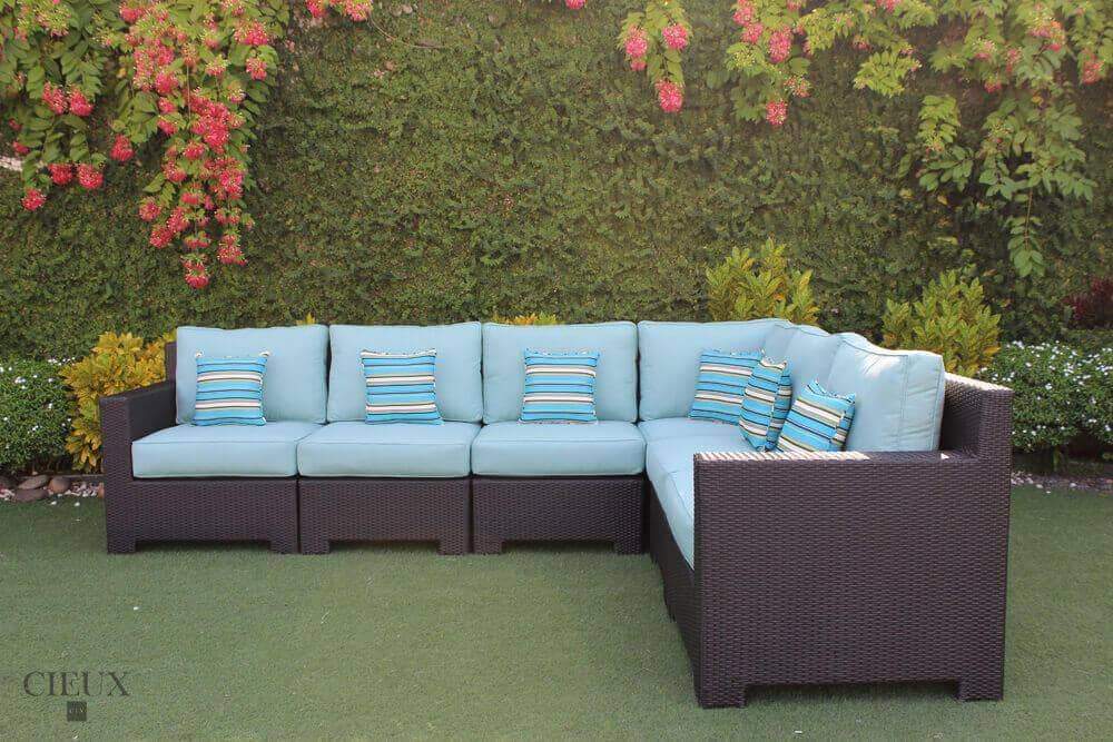 Blue Provence Outdoor Patio Wicker Rattan Modular L-Shaped Sectional Sofa Set - Waterproof & Weather-Resistant for Garden, Poolside, and Backyard Relaxation