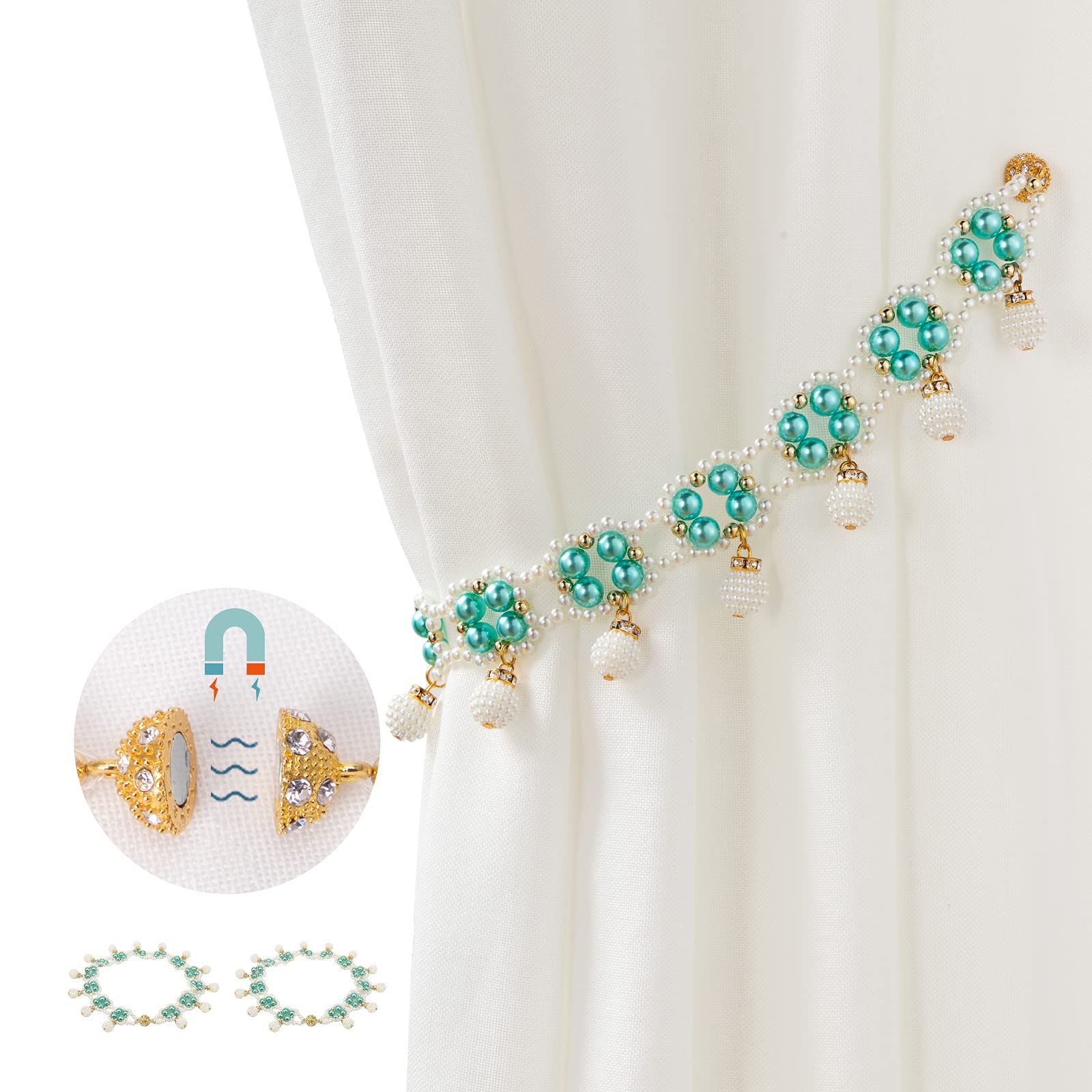 Tayis Green Pearl Magnetic Curtain Tie Backs - 2 Pack Decorative Holders for Sheer & Thin Window Drapes - Perfect for Living Room, Bedroom & Home Decor