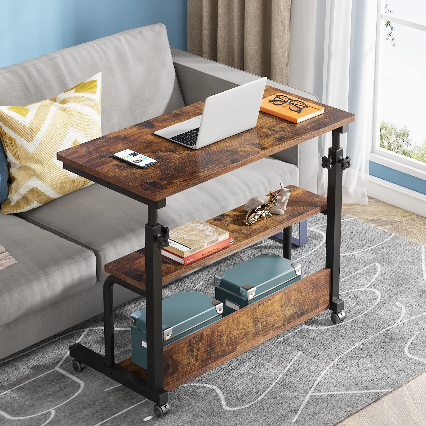 Tribesigns Adjustable Height C-Shaped Laptop Table for Couch & Bed - Portable Standing Desk with Wheels, Mobile Side Table for Home Office, Gaming, Reading & Snacking (Brown)