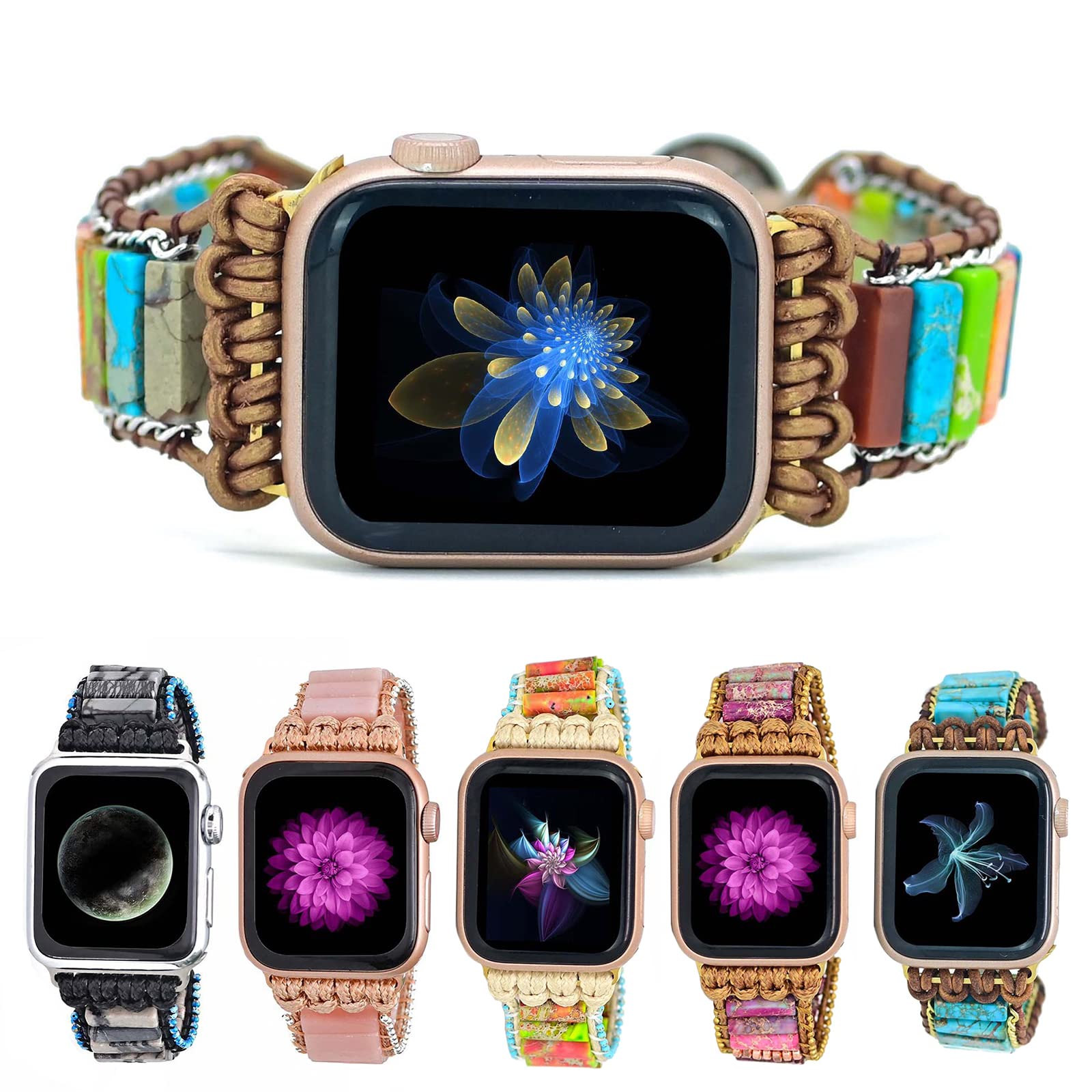 Handmade Chakra Stone Apple Watch Band for Women - Boho Opal Strap for iWatch Series 7/6/5/4/3/2/1/SE - Yoga & Meditation Accessory