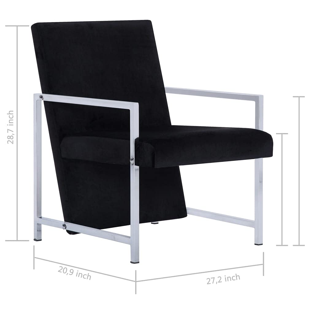 Modern Black Velvet Armchair with Chrome Feet - Sturdy Luxury Club Chair for Living Room & Bedroom | French Sofa Cube Seating Furniture | Perfect for Lounging, Reading Nooks & Home Offices