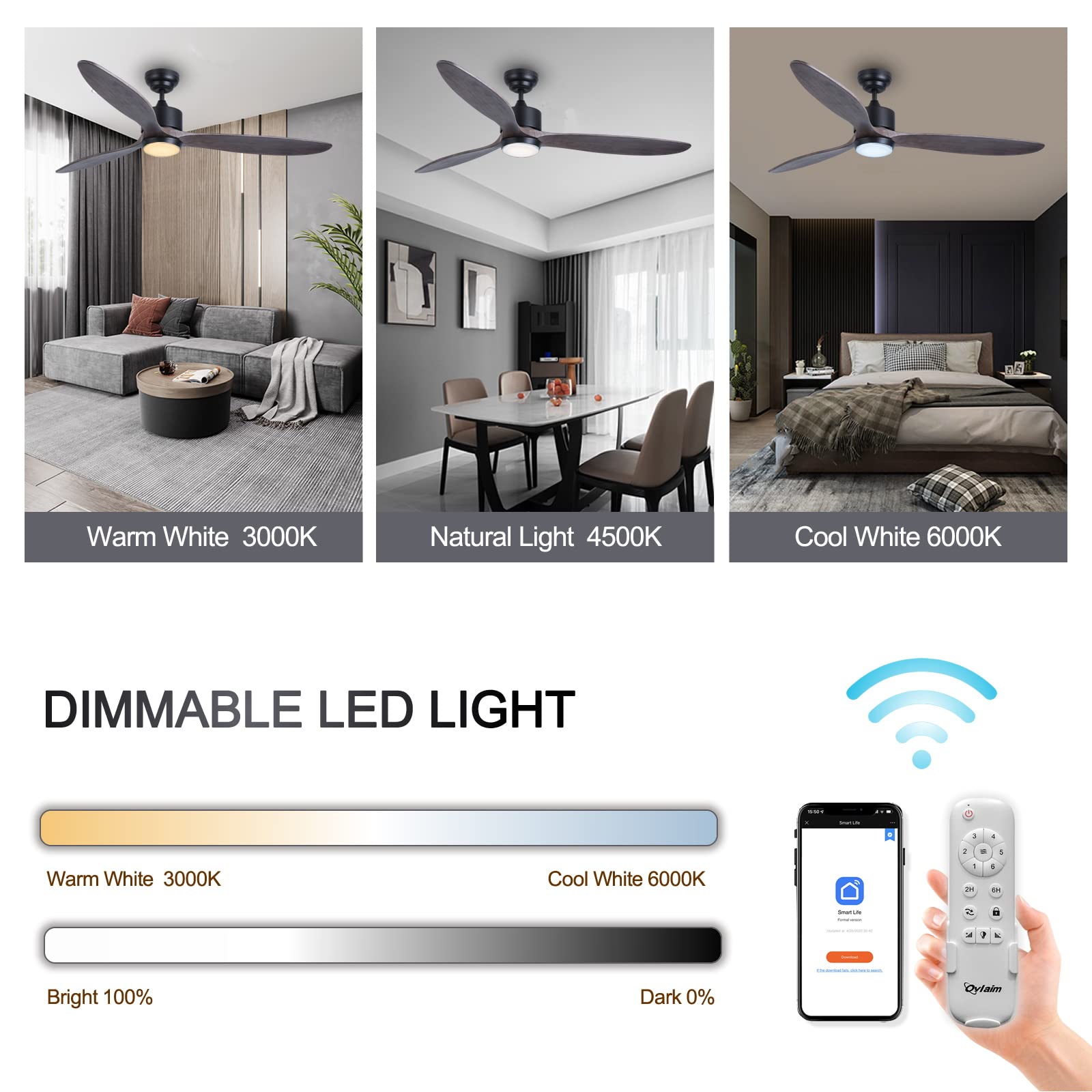 60 Inch Smart Ceiling Fan with Light and Remote - 6 Speed Quiet DC Motor - Indoor/Outdoor Use for Patio, Living Room, Bedroom - 3 Wood Blades - Perfect for Cooling and Decorating Your Home Spaces