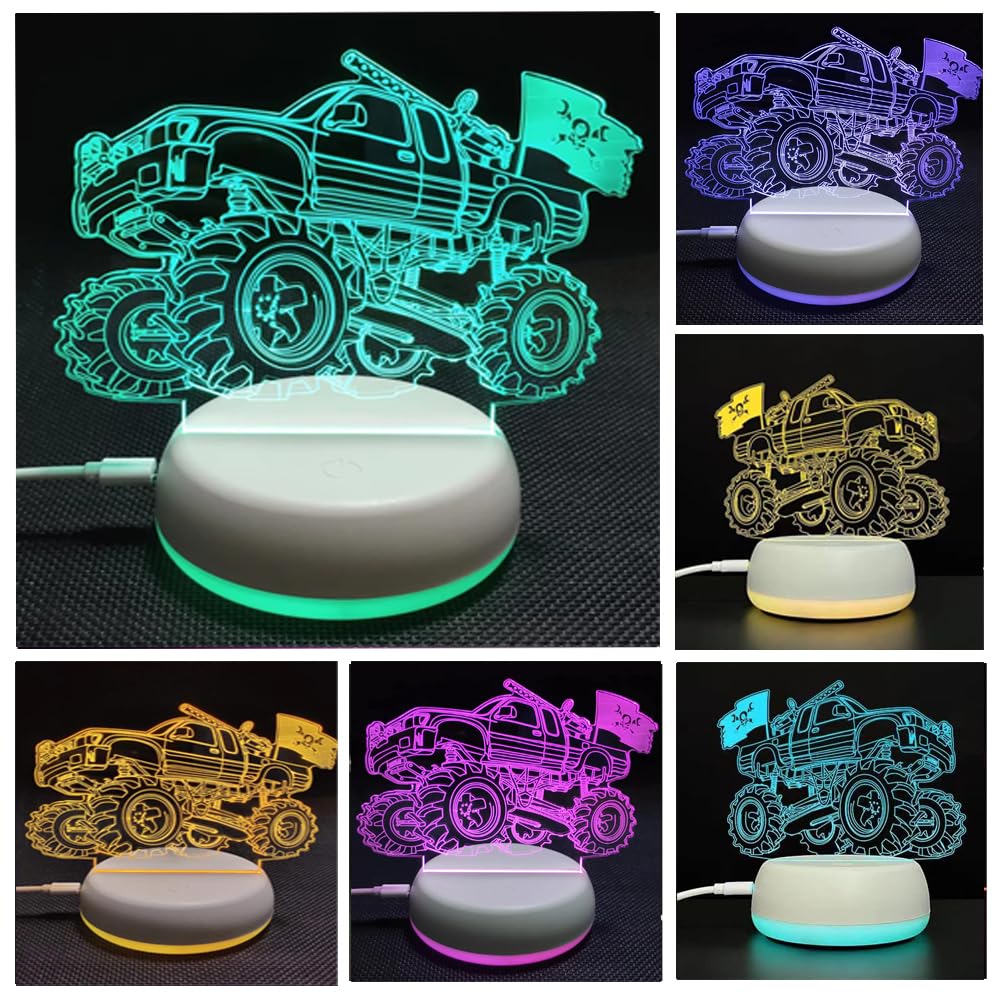 3D Monster Truck Illusion Night Light - Kids Bedside Lamp with White Base, Cool Desk Decor for Bedroom, Office, Store - Unique Christmas Gift for Boys, Girls, Men & Women | Perfect for Night Lights, Room Decor, Birthday Presents and Holiday Gifting