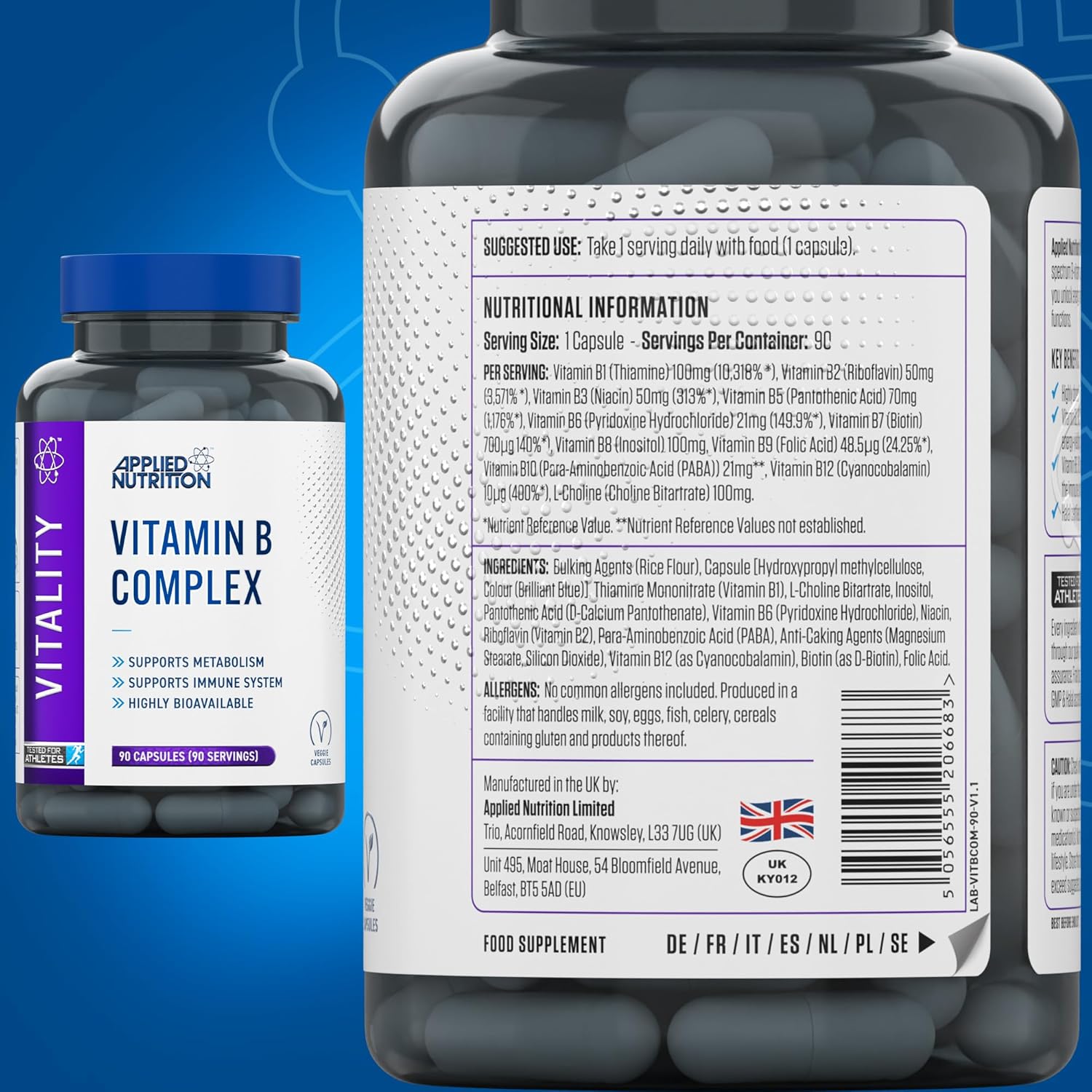 Applied Nutrition Vitamin B Complex Supplement - 90 Tablets for Energy, Metabolism & Stress Relief - Daily Health Support
