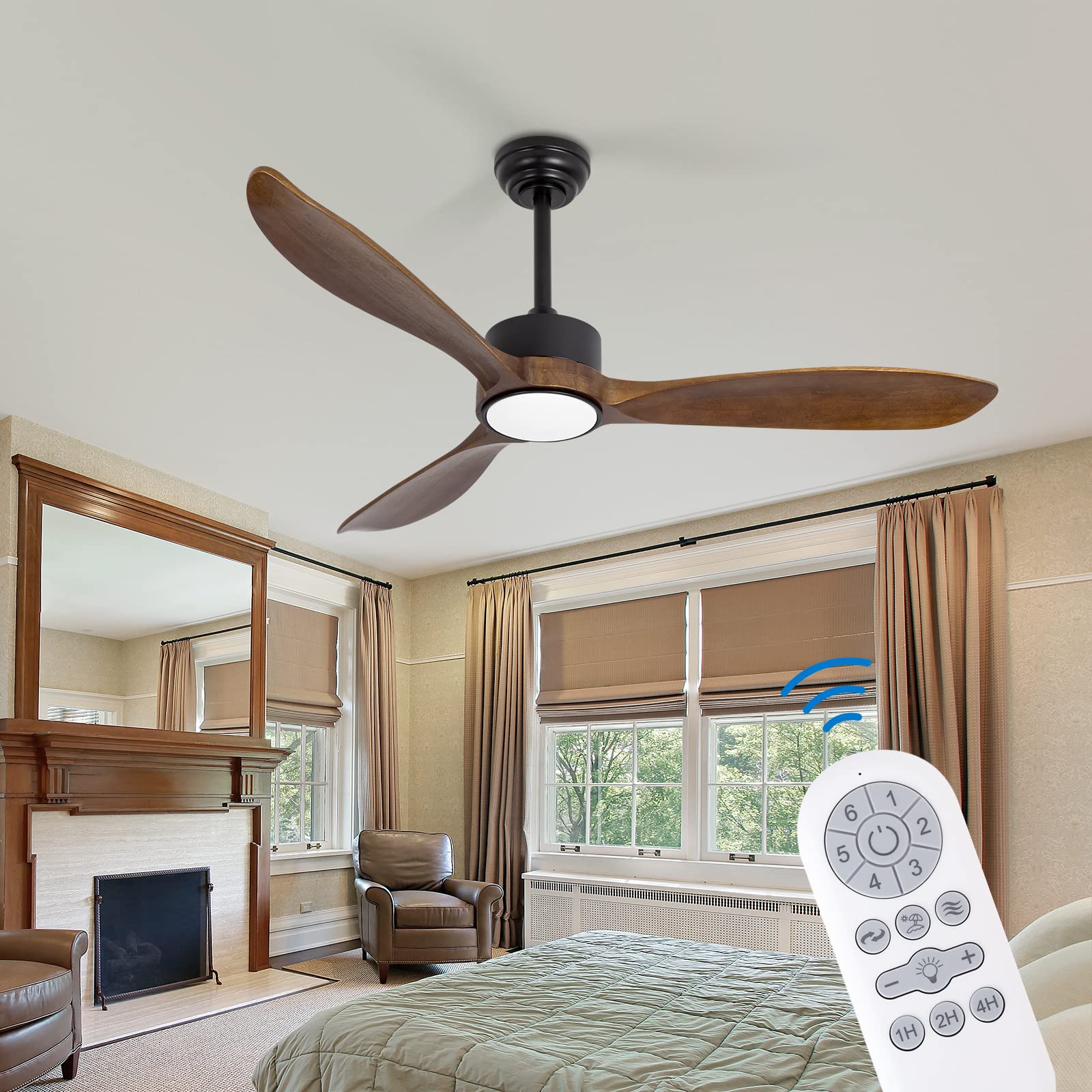 52 Inch Dark Brown Wood Ceiling Fan with Light & Remote - Quiet DC Motor, 6 Speed Settings, Dimmable LED - Perfect for Living Room, Bedroom & Outdoor Patio
