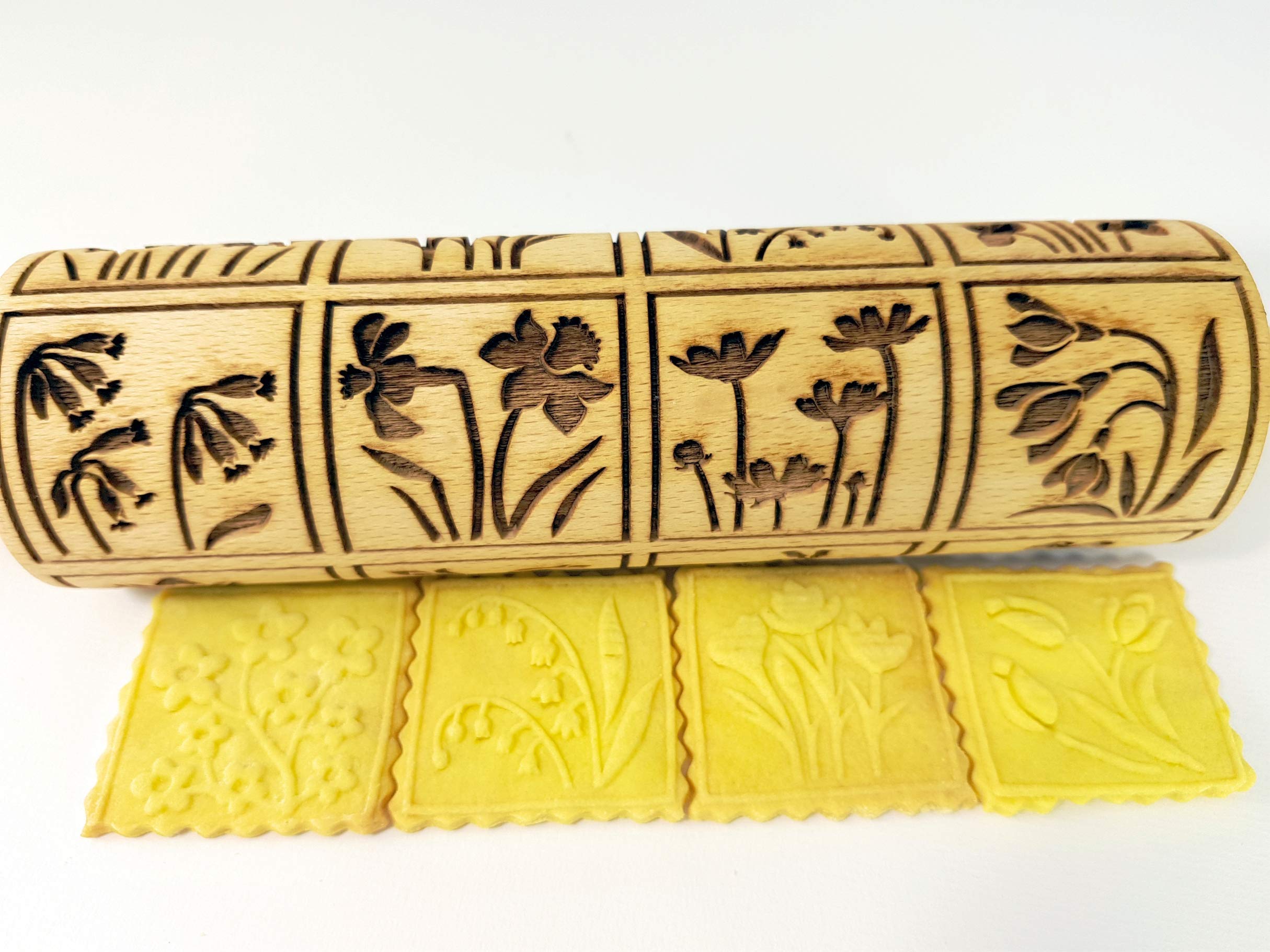 Algis Crafts Spring Flowers Embossing Rolling Pin - 16 Unique Floral Designs for Dough & Clay - Perfect for Embossed Cookies, Pottery & Ceramic Stamping - Ideal Baking Gift for Women - Great for DIY Crafts, Home Baking & Creative Ceramic Projects