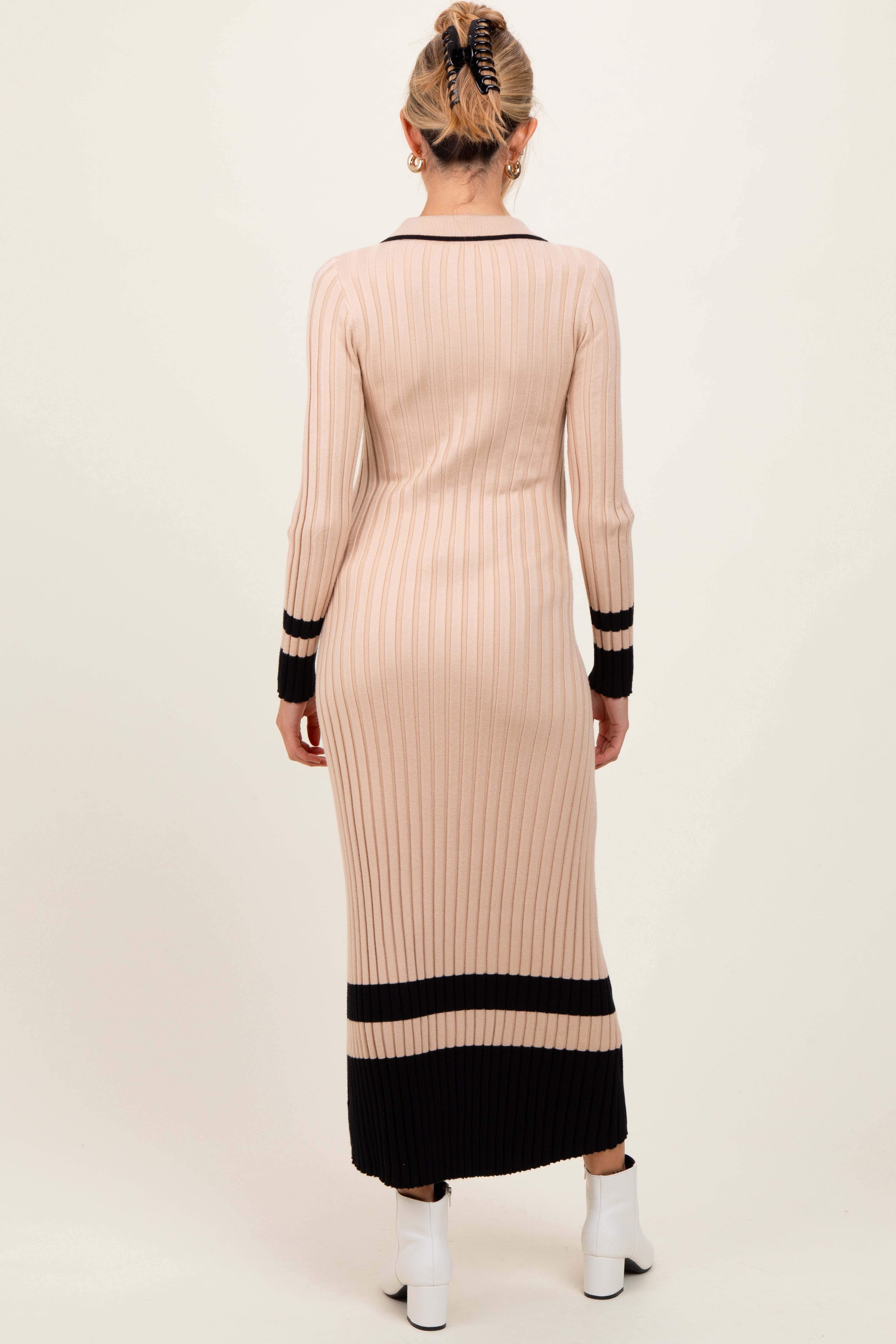 Beige Contrast Trim Knit Polo Maternity Midi Dress for Women - Comfortable Pregnancy Outfit for Work, Church & Special Occasions