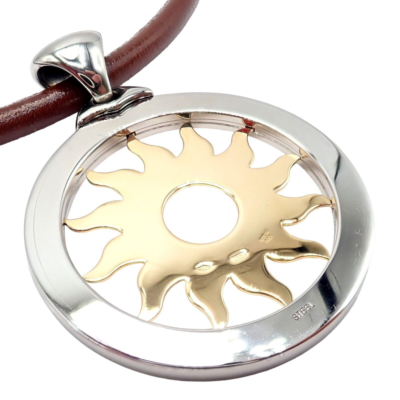 Bulgari Tondo Sun 18k Gold & Steel Extra Large Pendant Necklace with Brown Leather Strap - Luxury Jewelry for Women, Perfect for Parties & Special Occasions