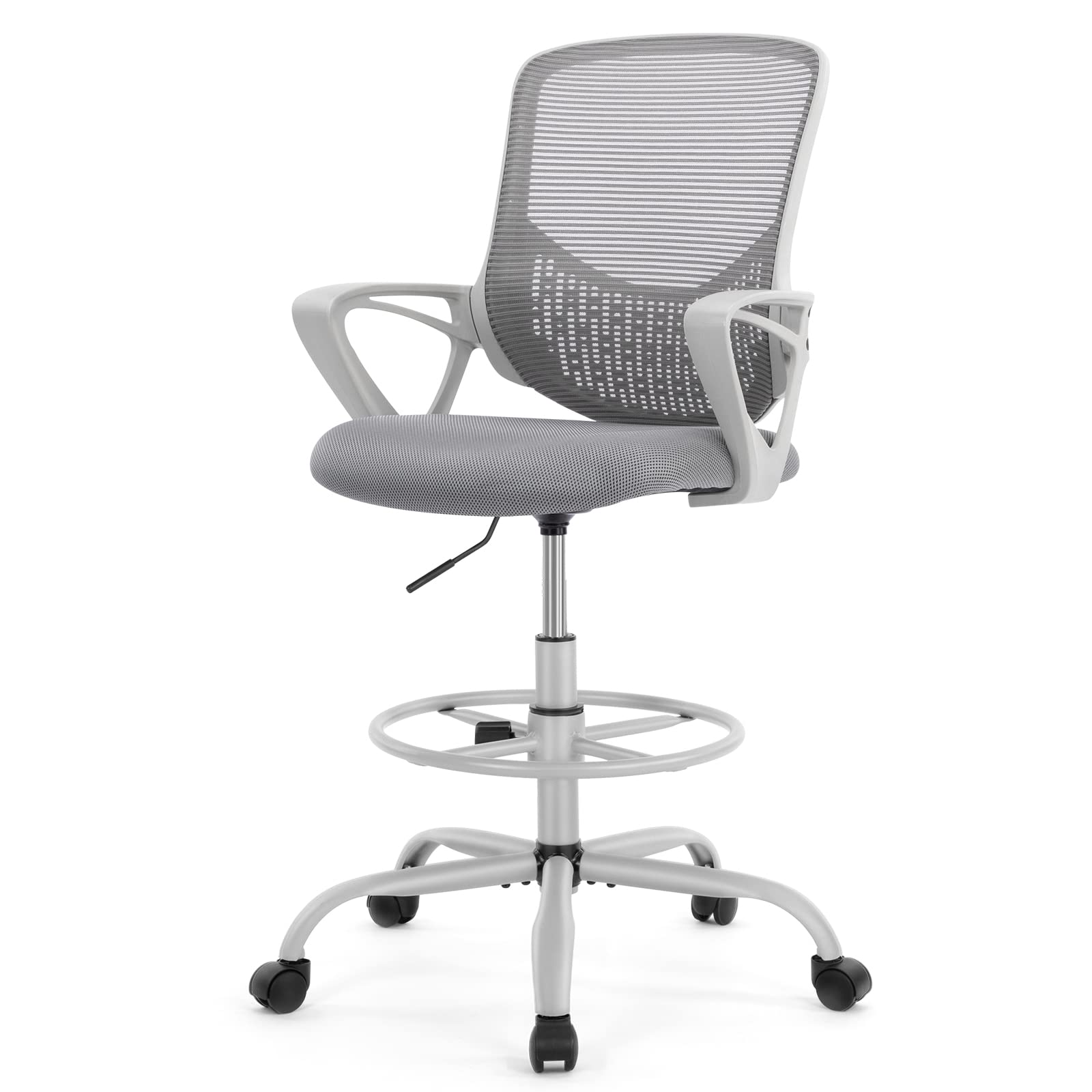 Ergonomic Drafting Chair - Adjustable Tall Office Chair with Mid Back Mesh, Foot Ring & Armrest - Swivel Rolling Counter Height Stool for Standing Desk - Grey - Perfect for Artists, Architects & Home Office Workstations