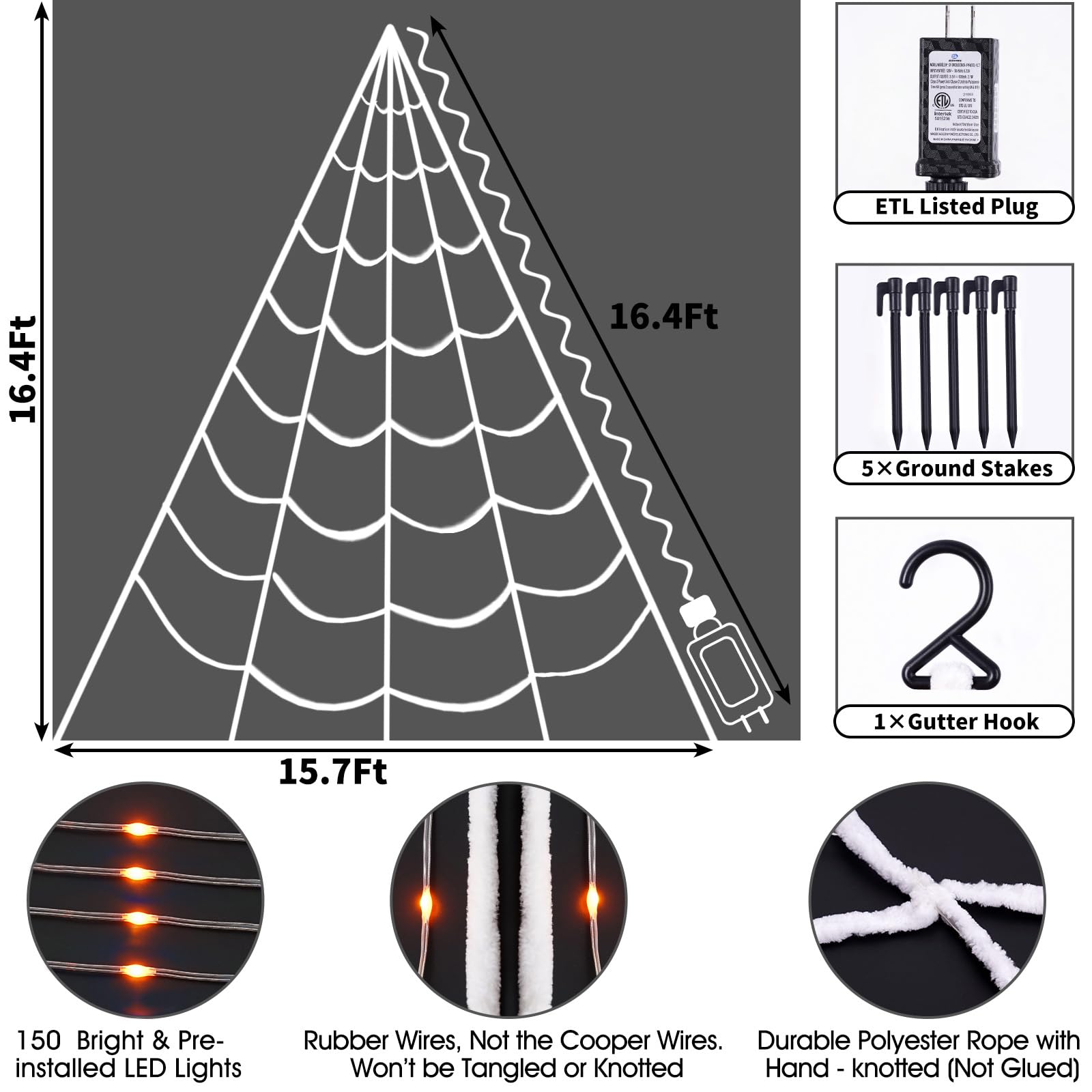 150 LED Halloween Spider Web Lights - 16.4 Ft Giant Lighted Web Decor with 8 Lighting Modes, Waterproof & Timer for Outdoor Indoor Yard, Haunted House, Party Decorations (Orange) - Perfect for Halloween, Fall Festival, and Spooky Themed Events