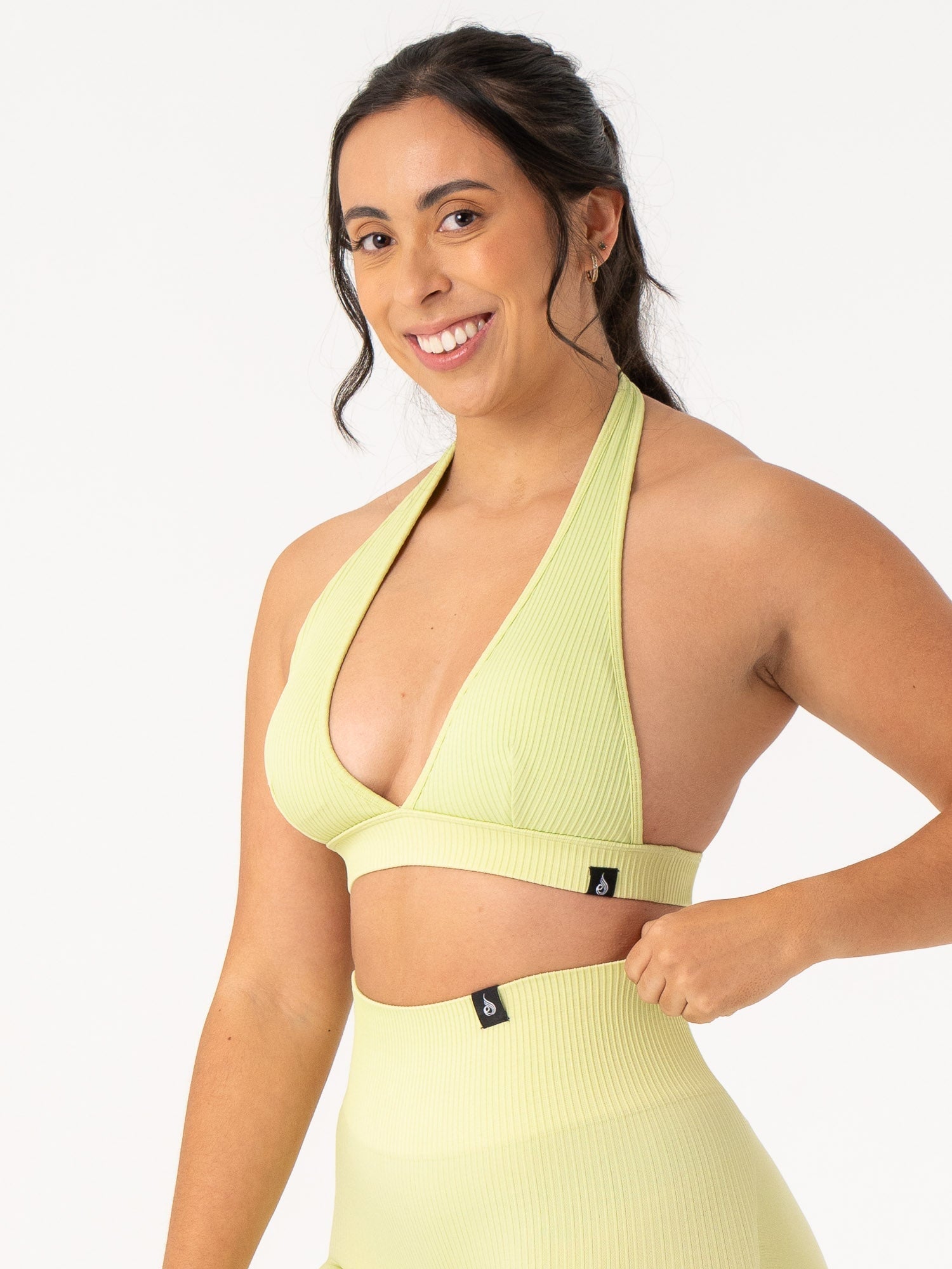 High-Waisted Ribbed Seamless Halter Sports Bra for Women - Breathable Workout Top in Lime Green - Perfect for Yoga, Running & Gym