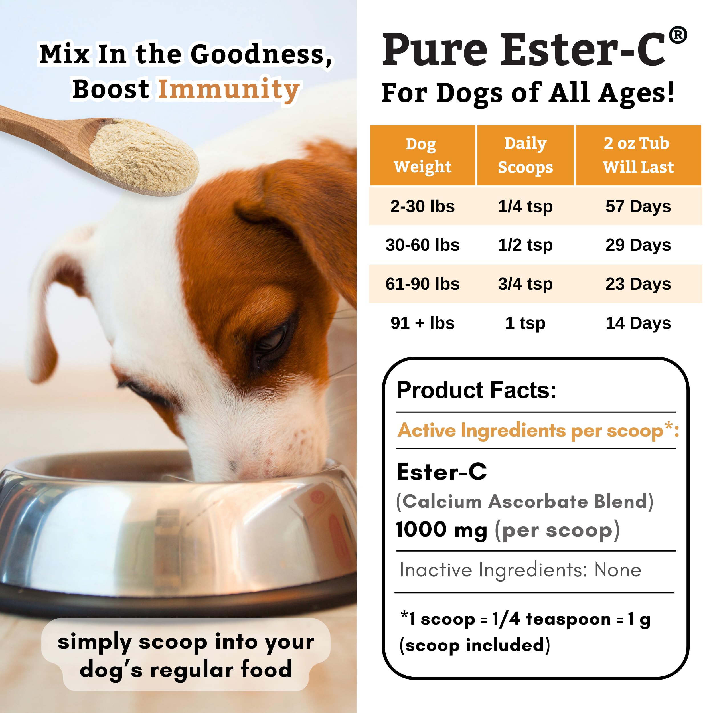 Wholistic Pet Organics Pure Ester-C Powder for Dogs & Cats - 2 Oz | Vitamin C Supplement for Immune Support, Skin & Coat Health & Allergy Relief | Dog Vitamin Powder for Itchy Skin & Homemade Food | Perfect for Daily Pet Wellness & DIY Pet Treats