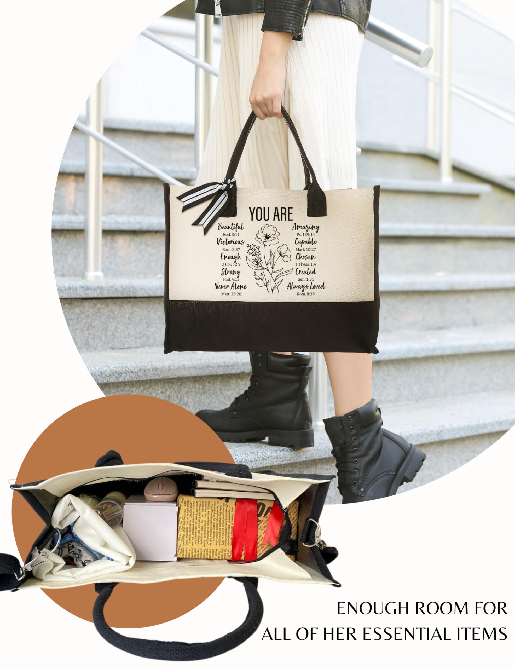 THEBUSSA Christian Gifts for Women - Inspirational Tote Bag for Mother's Day, Church, Bible Study & Daily Use - Religious Gifts for Mom, Wife, Daughter