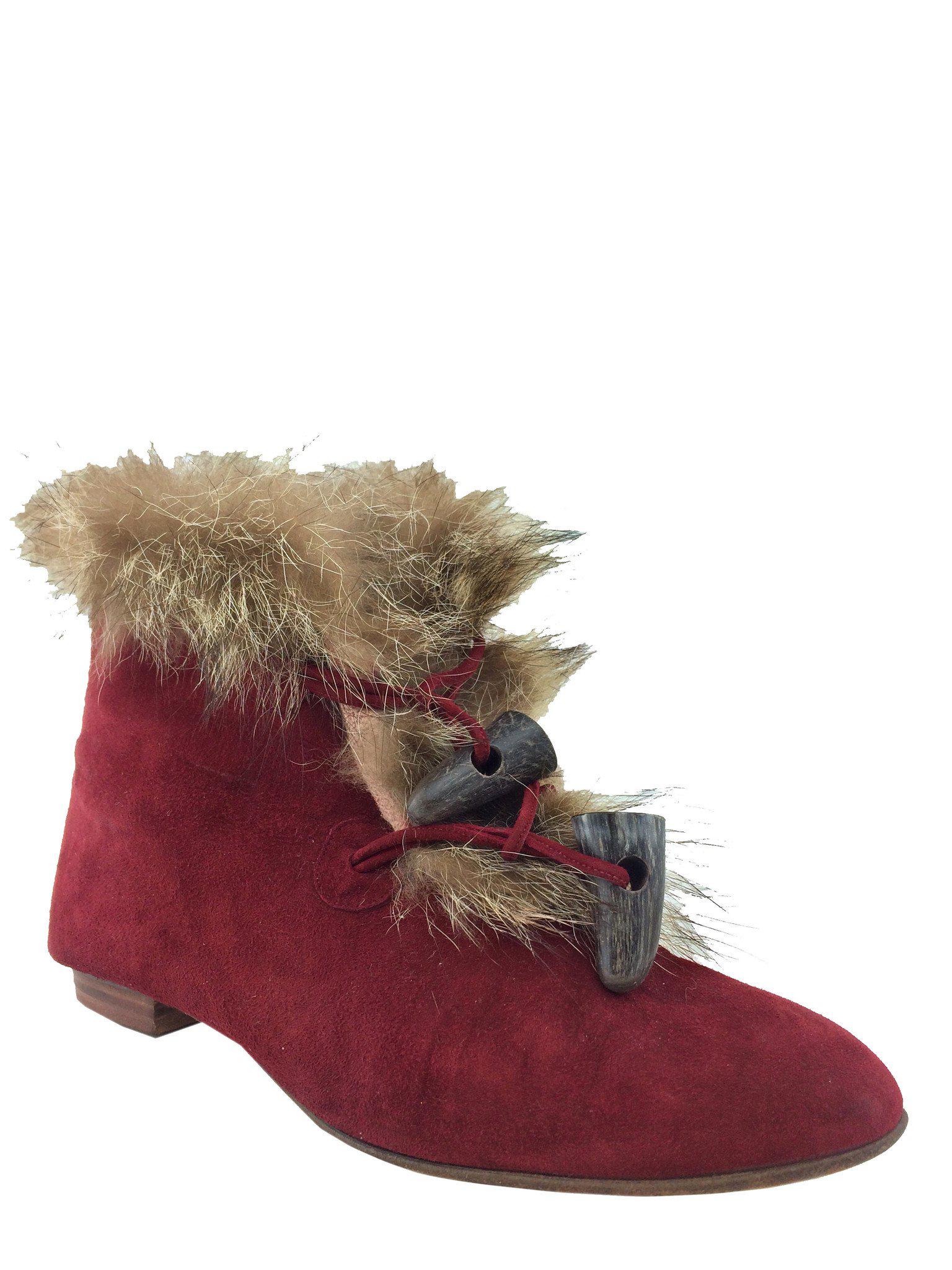 Manolo Blahnik Suede Fur Trim Toggle Booties Women's Size 7.5 - Stylish Winter Ankle Boots for Casual Outings & Date Nights