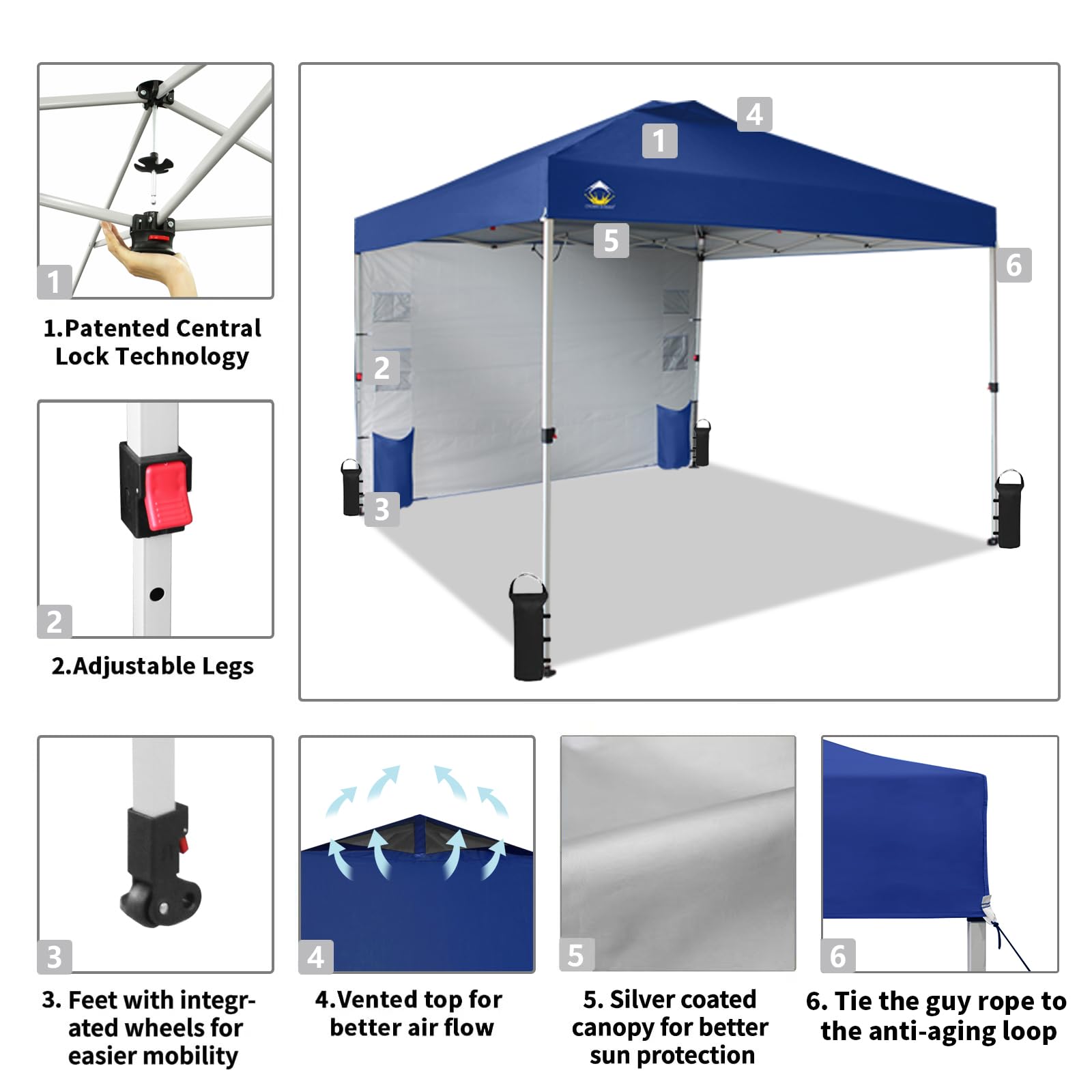 10x10 Pop Up Canopy Tent with Sidewalls & Pockets - Easy One-Person Setup Instant Sun Shelter for Camping, Beach, Backyard, Picnics & Outdoor Events - Portable Navy Blue Canopy with Center Lock System