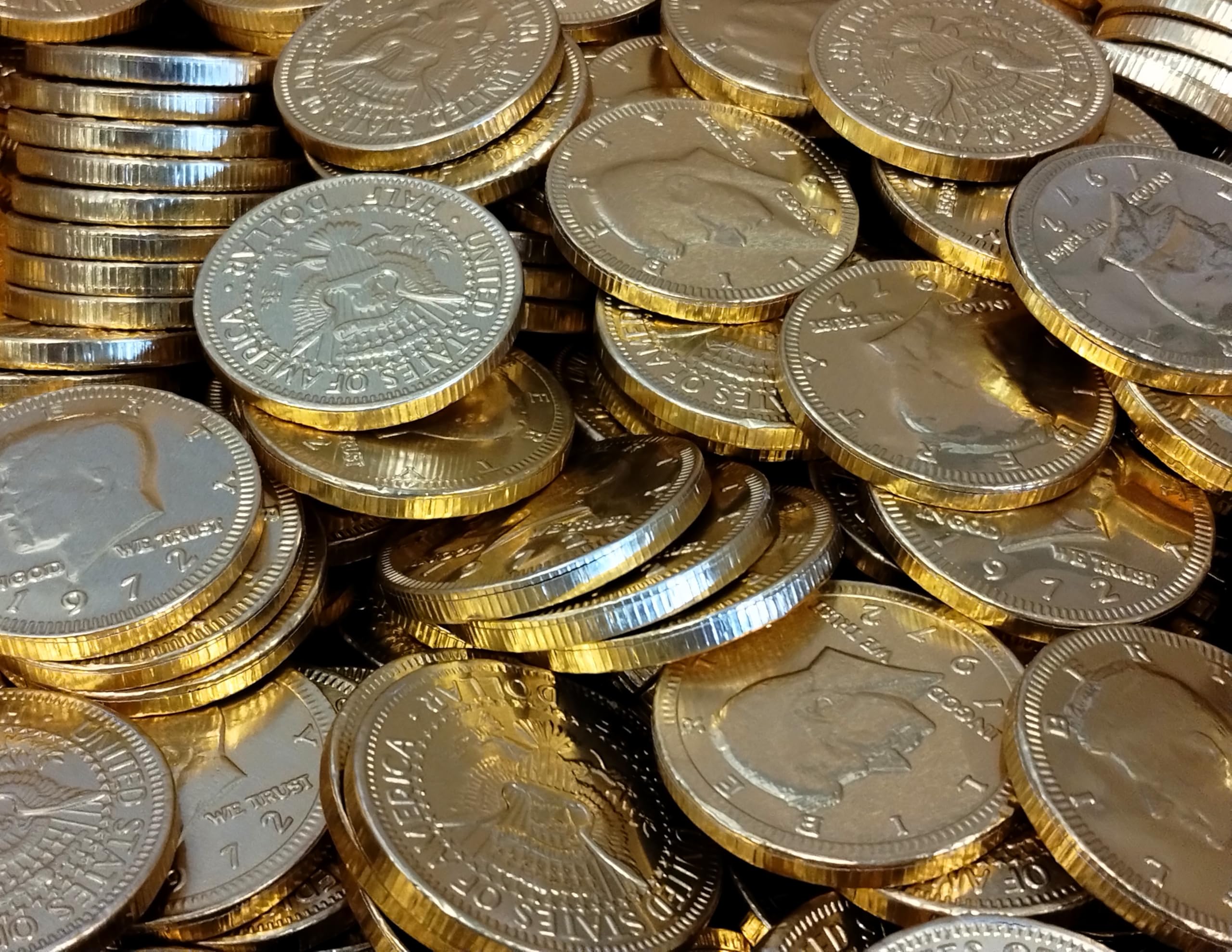 Premium Milk Chocolate Coins - 50 Count Individually Wrapped in Gold Foil, Half Dollar Size Chocolate Coins for Parties, Gifts & Holiday Celebrations