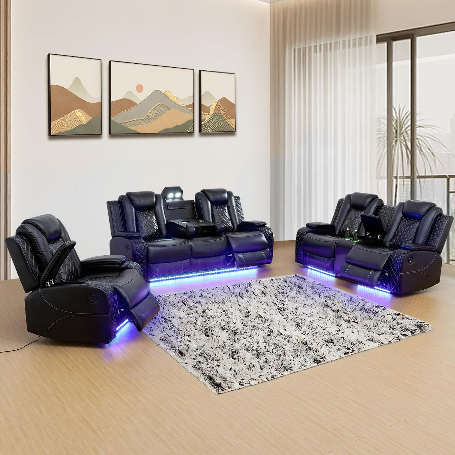 Power Reclining Sofa Set with USB Ports - Modern Leather Recliner Couches for Living Room, Apartment, Office & Home Theater - Comfortable Black Reclining Chair for Relaxing, Entertaining & Movie Nights
