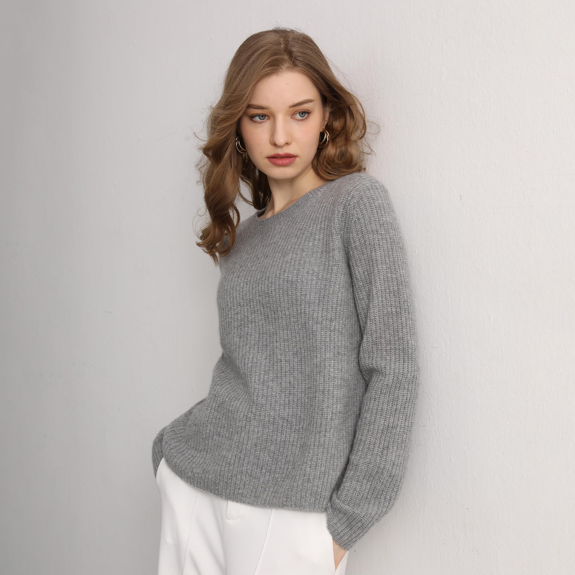 Premium Women's Cashmere Sweater - Soft Ribbed Crewneck Long Sleeve Pullover for Winter Warmth | Office Wear, Casual Outfits & Holiday Gifts