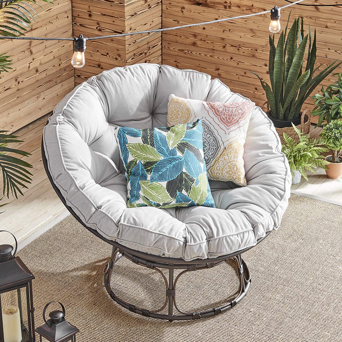 Barton Papasan Chair - Round Swivel Chair with Soft Cushion for Living Room, Bedroom, Patio - Indoor/Outdoor Lounge Chair in Grey - Perfect for Relaxing, Reading & Sunbathing