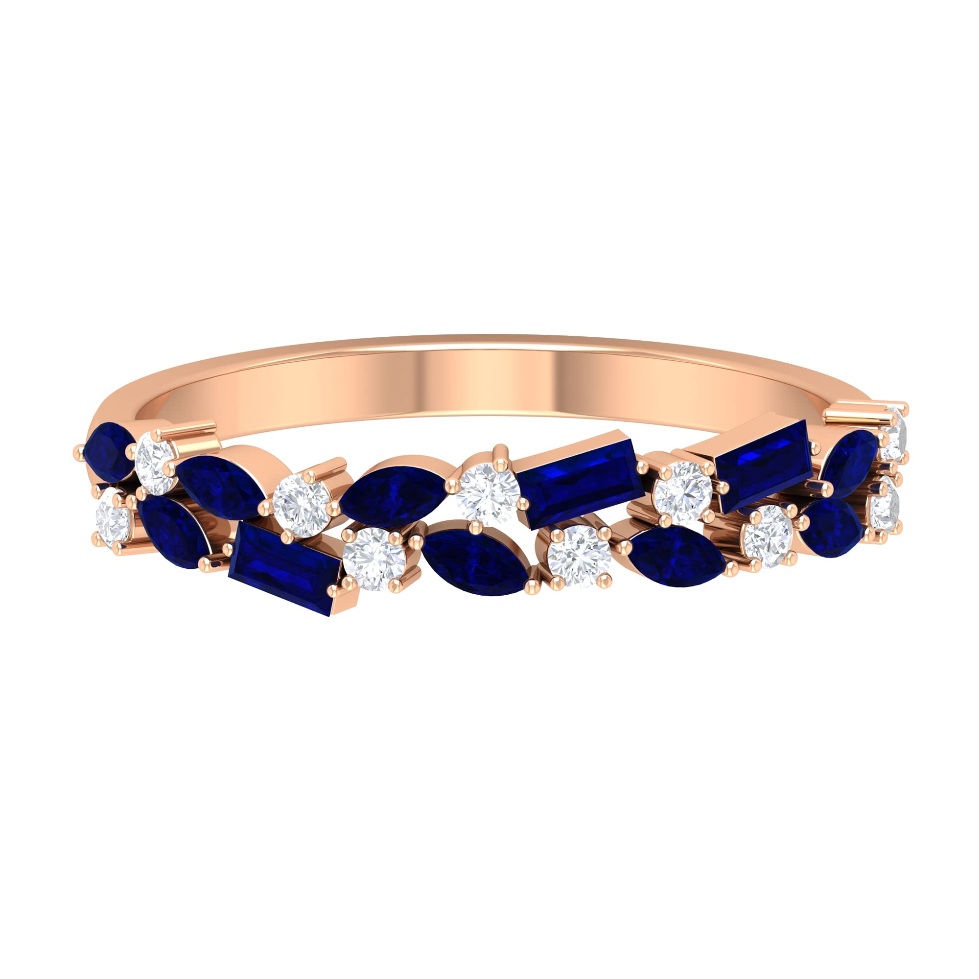 3/4 CT Blue Sapphire and Diamond Half Eternity Ring - 14K Solid Gold Baguette & Marquise Cut Sapphire Engagement Ring for Women, Anniversary Gift, Wedding Band Jewelry