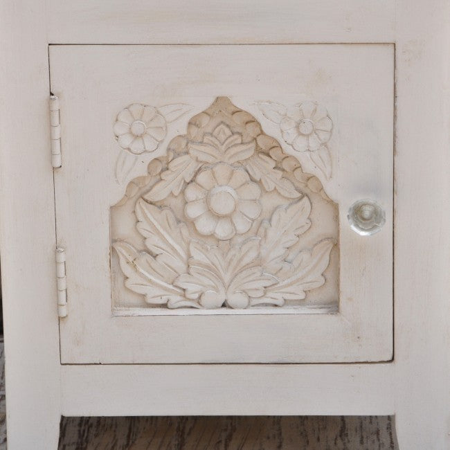 Hand Carved Solid Wood French Style White Nightstand - Elegant Bedside Table for Bedroom Decor & Storage