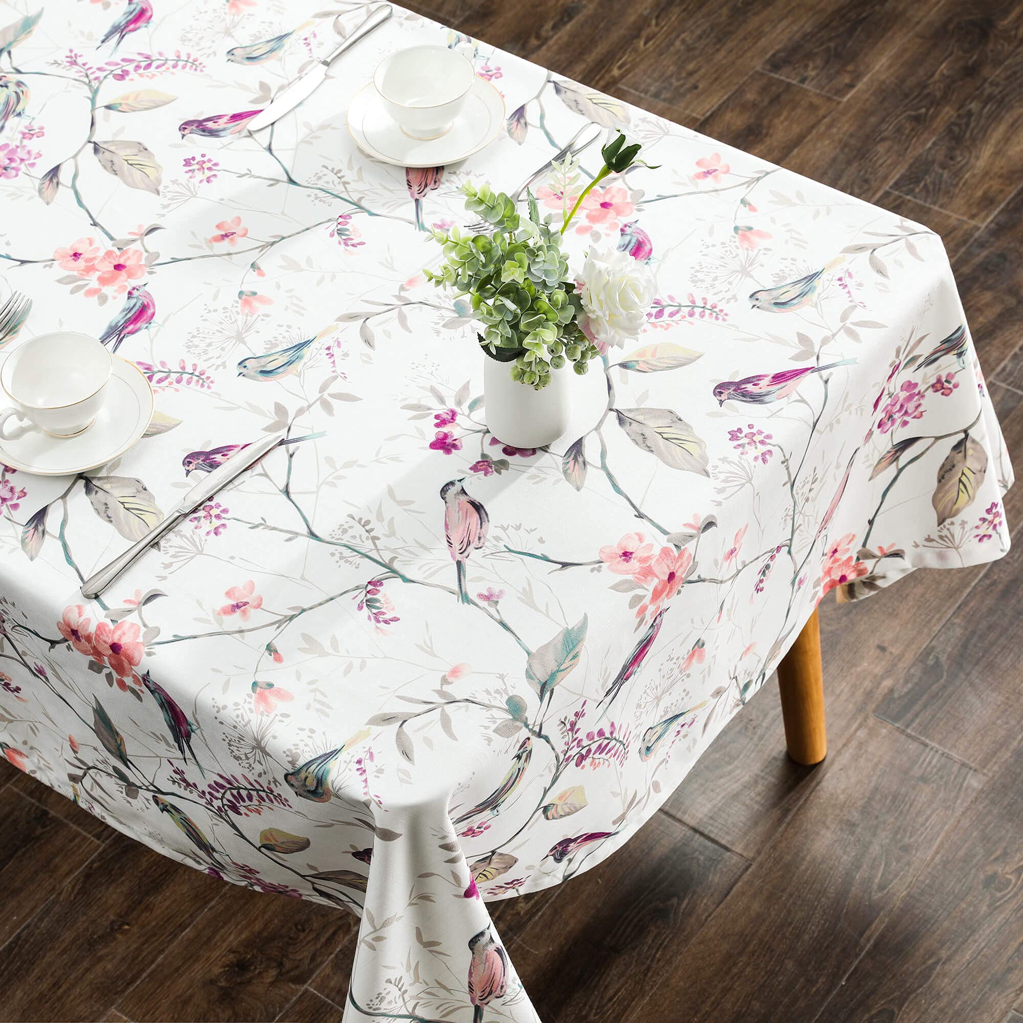 Premium Pink Floral & Bird Linen Tablecloth - Wrinkle-Free, Fade-Resistant 52x84 Inch Rectangle Table Cover for Kitchen, Dining, Party, Wedding & Holiday Buffet - Elegant Home Decor & Event Table Setting