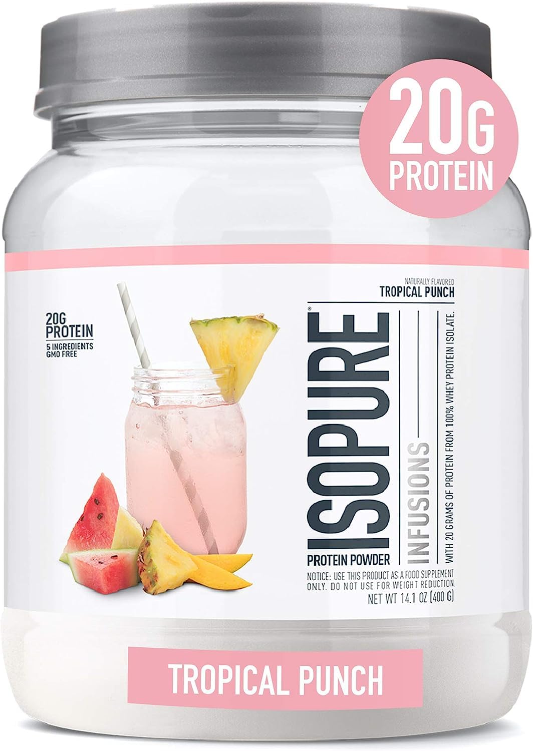 Isopure Clear Whey Isolate Protein Powder - Lactose Free, Gluten Free, Naturally Flavored Tropical Punch - 20g Protein per Serving (14.1 Oz, 16 Servings) | Post-Workout Recovery & Healthy Lifestyle Supplement