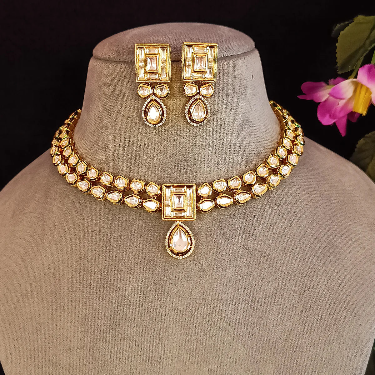 Royal Kundan Necklace and Earrings Set - 24K Gold Plated Designer Jewelry for Weddings, Parties & Special Occasions (D387)