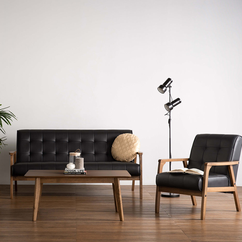 TUCSON 3-Seater Sofa in Walnut Frame with Black PU Leather Upholstery - Perfect for Living Room, Lounge, and Office Spaces