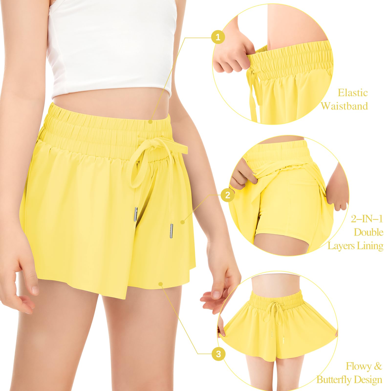 Girls Athletic Running Shorts with Pockets - 2-in-1 Butterfly Shorts for Teens, Youth Sports & Workout - Soft Stretchy Spandex - Perfect for Gym, Yoga, Dance & Summer Activities