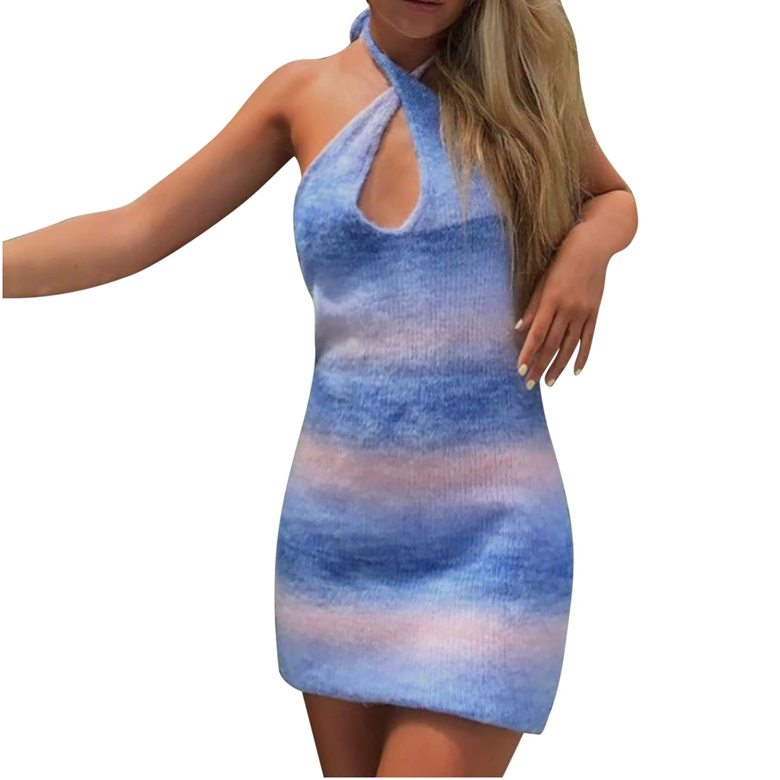 Sexy Women's Summer Club Dress - Sleeveless V-Neck Halter Slim Mini Dress in Fashionable Multicolor Hollow Knit | Perfect for Night Out, Party, Beach Vacation & Date Night