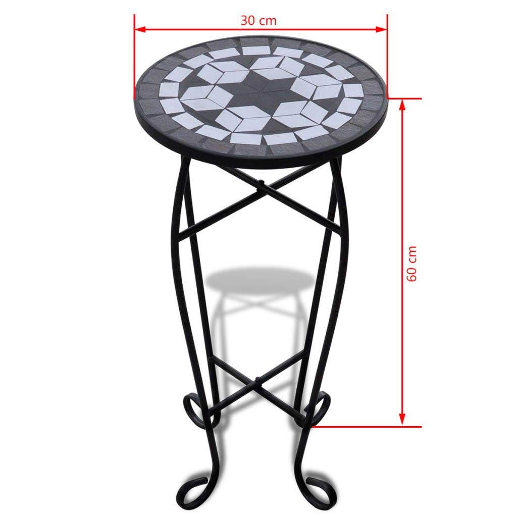 Round Ceramic Tile Plant Stand - Indoor/Outdoor Accent Table for Sofa, Couch & Patio - Black & White Home Garden Furniture for Living Room, Balcony & Deck Decor