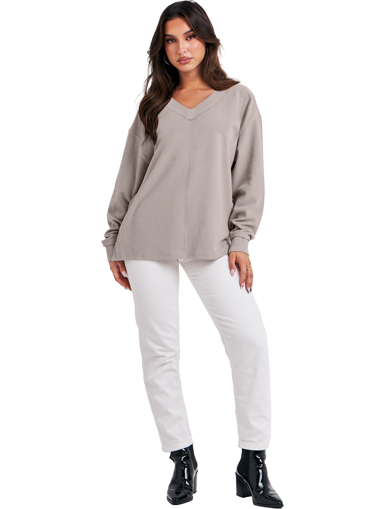 Caracilia Women's Oversized Off-Shoulder Long Sleeve Waffle Knit Sweater - V-Neck Pullover Top for Fall 2024 | Casual Outfit, Layering Essential & Cozy Winter Fashion