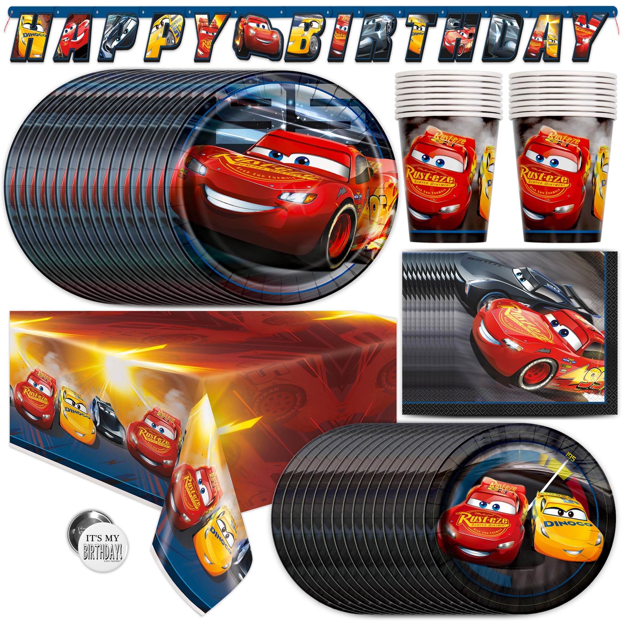**Disney Cars Lightning McQueen Birthday Party Supplies Set - Officially Licensed Decorations for 16 Guests with Tablecloth, Banner, Plates, Napkins & Buttons | Perfect for Kids' Birthday Parties, Themed Events & Disney Fans Celebrations**