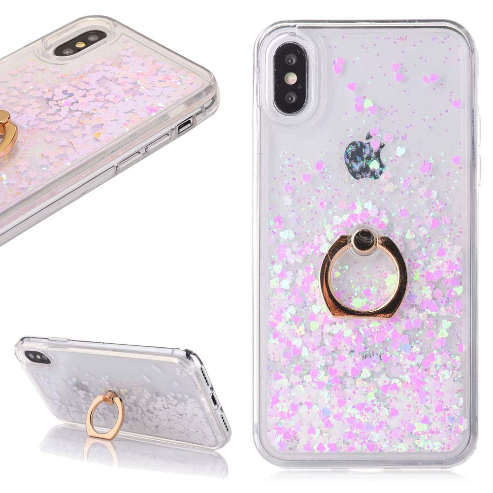 Pink White Glitter Liquid Case for iPhone Xs X with Ring Holder Stand - Sparkle Quicksand Floating Waterfall Gradient Hearts Clear Crystal Hard Plastic Cover for Women & Girls - Perfect for Daily Use, Parties & Gifting