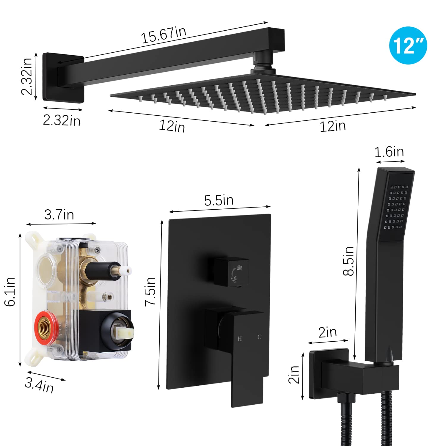 Qomolangma Black 12 Inch Rain Shower System - Wall Mounted Bathroom Shower Faucet Set with Pressure Balance Valve, 2-Function Shower Head (Rainfall & Handheld Spray) - Perfect for Modern Bathrooms, Spa-Like Shower Experience