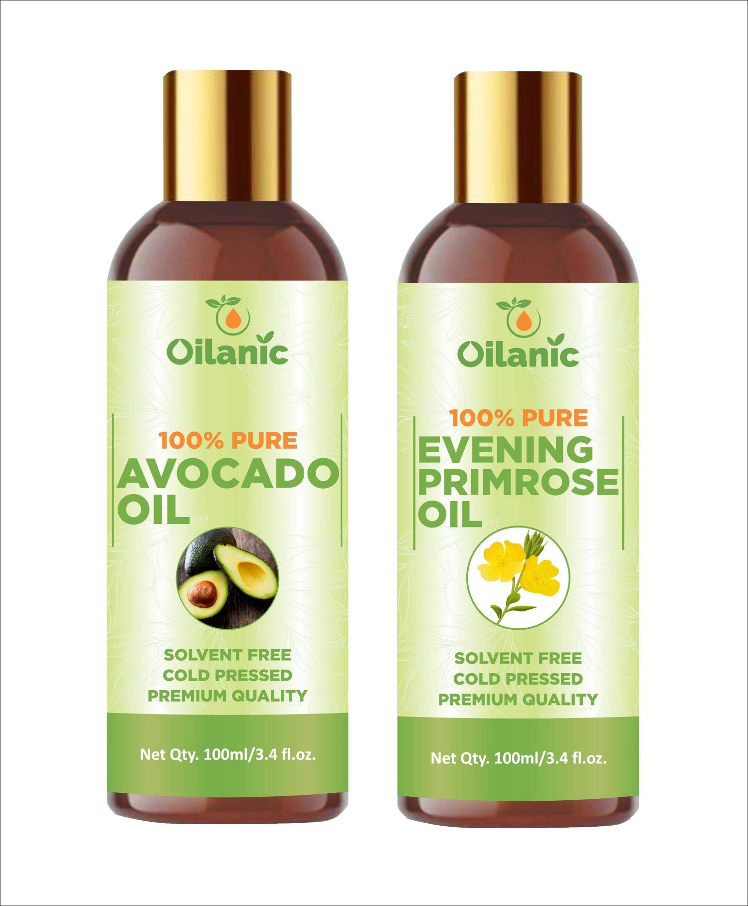 Oilanic 100% Pure Natural Avocado Oil & Evening Primrose Oil Combo - 2 Bottles (200ml Total) for Cooking, Skin & Hair Care | Cold-Pressed, Unrefined, Vegan Beauty Treatment