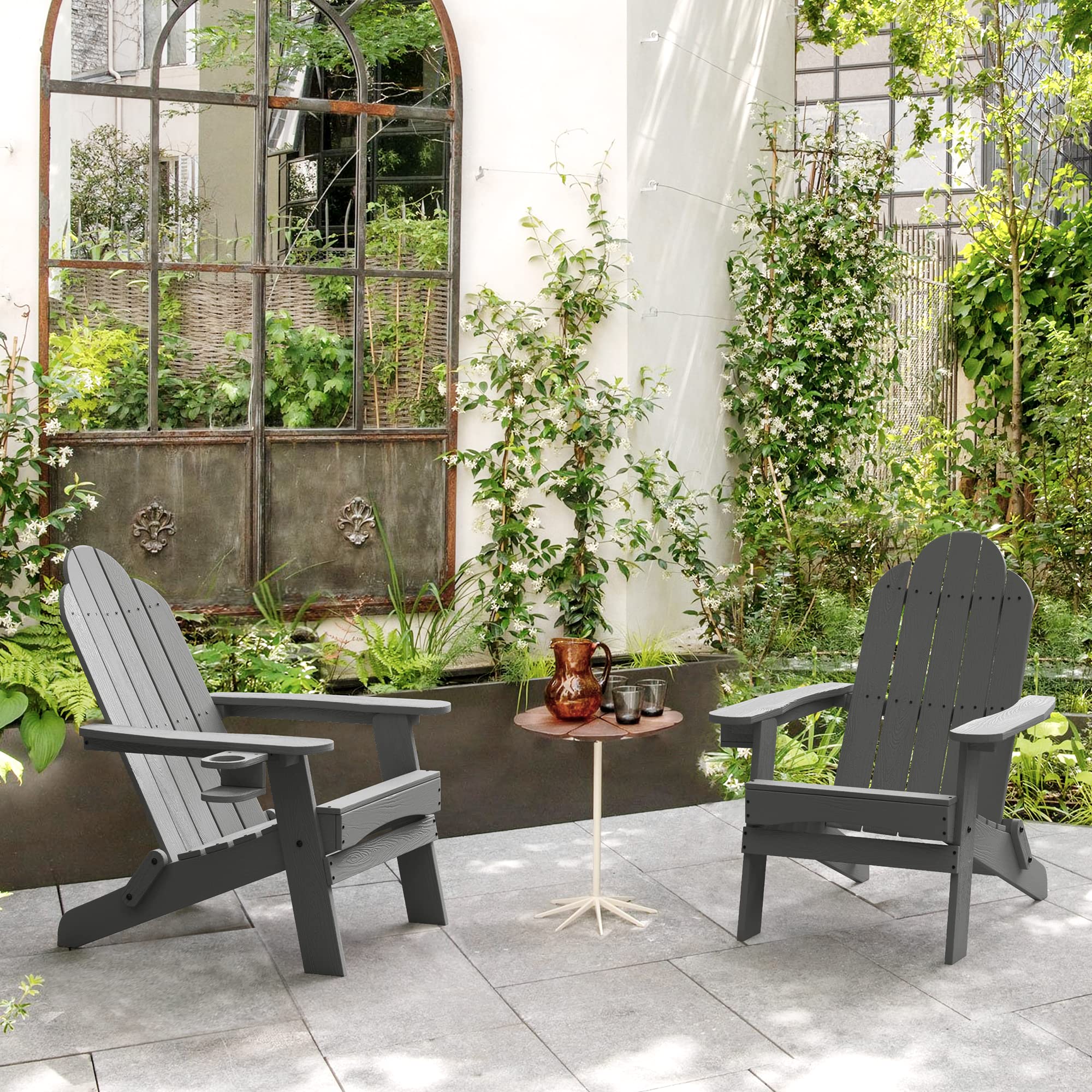 LUE BONA 2-Pack Folding Adirondack Chairs - Dark Gray Weather-Resistant HDPE Outdoor Patio Chairs with Cup Holders | Perfect for Backyard, Garden, Deck, Poolside & Fire Pit Relaxation