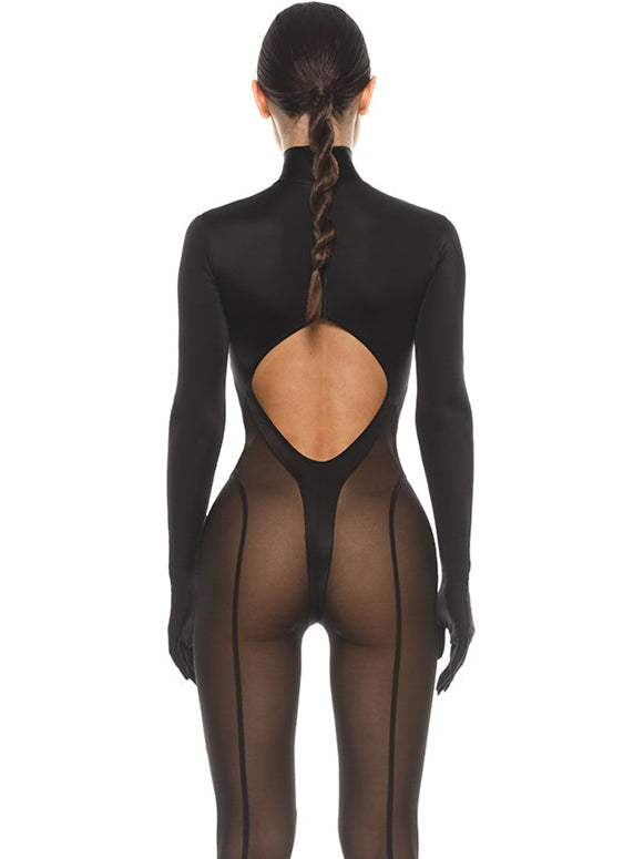 ZASUWA Women's Sexy Cutout Mesh Zipper Bodysuit Jumpsuit - Clubwear, Night Out, Party Outfit, Halloween Costume