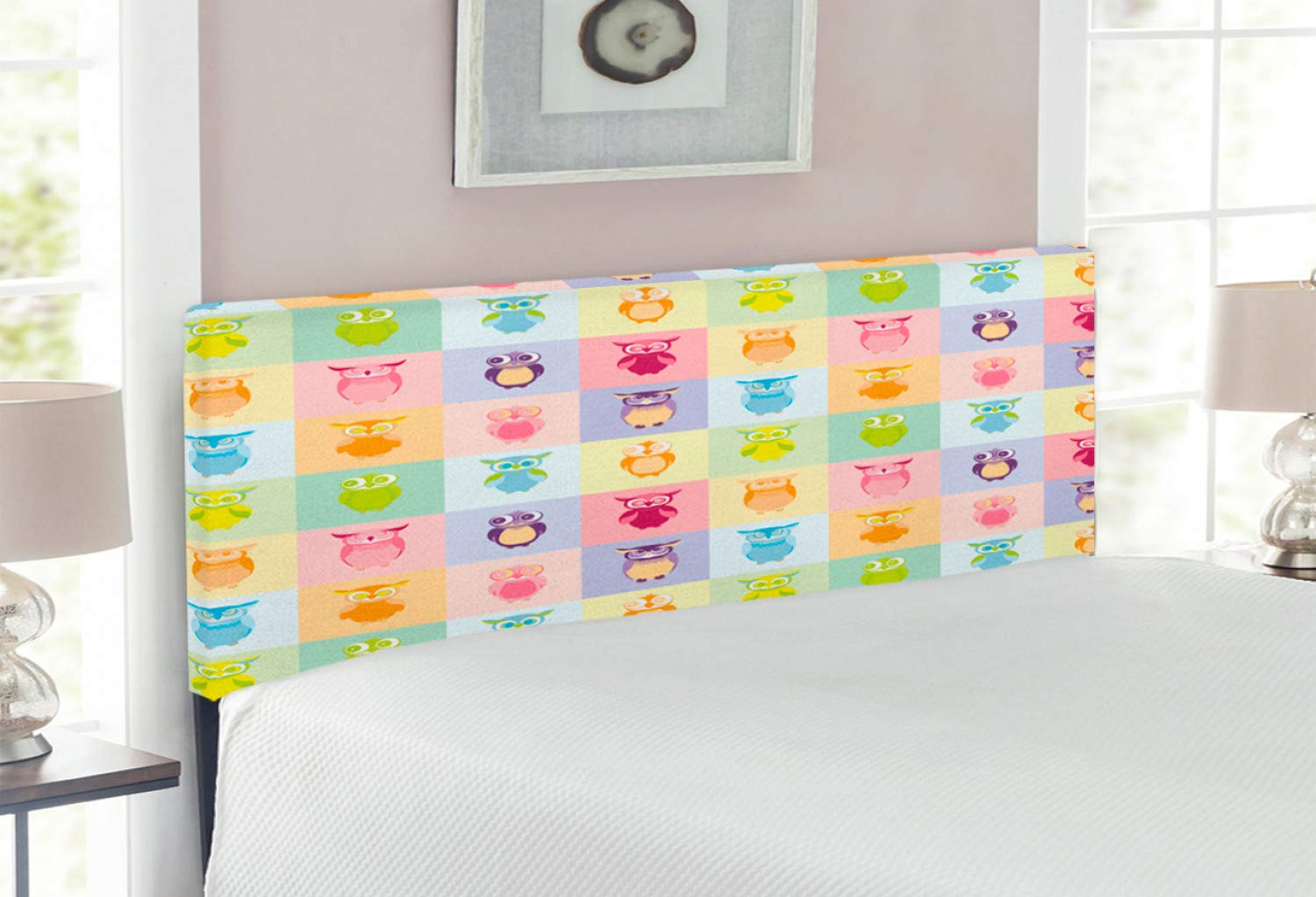 Ambesonne Cartoon Owl Headboard - Colorful Fun Animal Design for Kids' Bedroom, Upholstered Decorative Metal Headboard with Memory Foam, Full Size Bed Frame in Purple, Yellow & Pink - Perfect for Children's Room Decor & Playful Nursery Themes