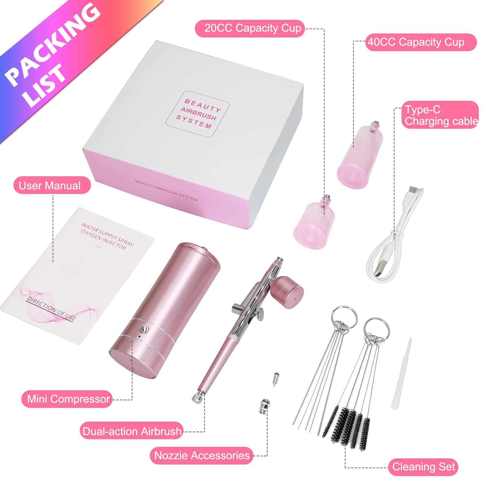 Professional Airbrush Kit with Compressor - Rechargeable Portable High Pressure Airbrush Gun, 0.3mm Nozzle & Cleaning Brush Set for Painting, Tattoos, Nail Art, Makeup & Cake Decorating (Pink) - Perfect for Artists, DIY Crafts & Professional Cosmetology