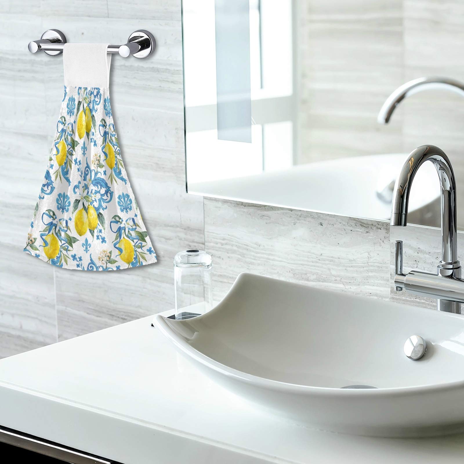 Blue Lemon Spring Hanging Kitchen Towels 2 Pack - Floral Hand Towels for Bathroom & Kitchen - 12