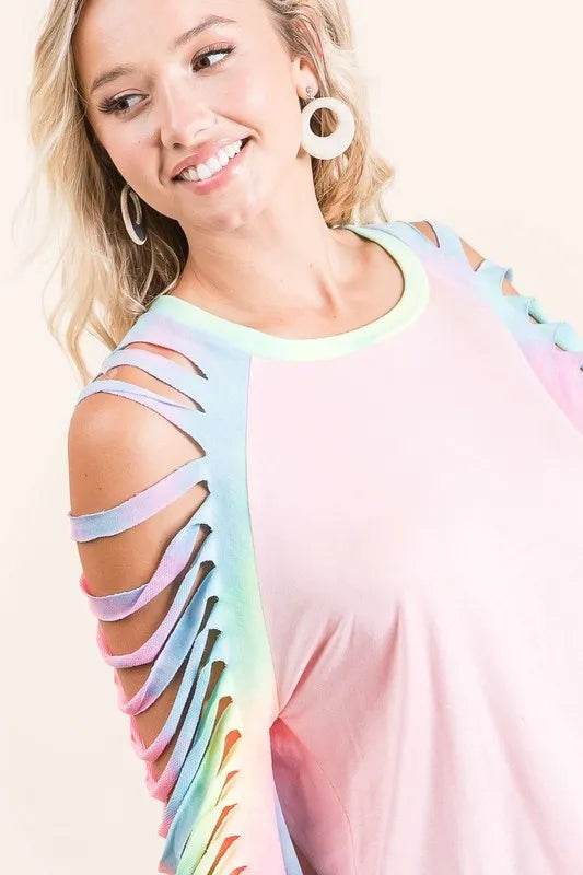 BiBi Jersey Knit Tie Dye Top with Laser Cut Sleeves | Women's Fashion T-Shirt for Casual Wear, Street Style & Summer Outfits