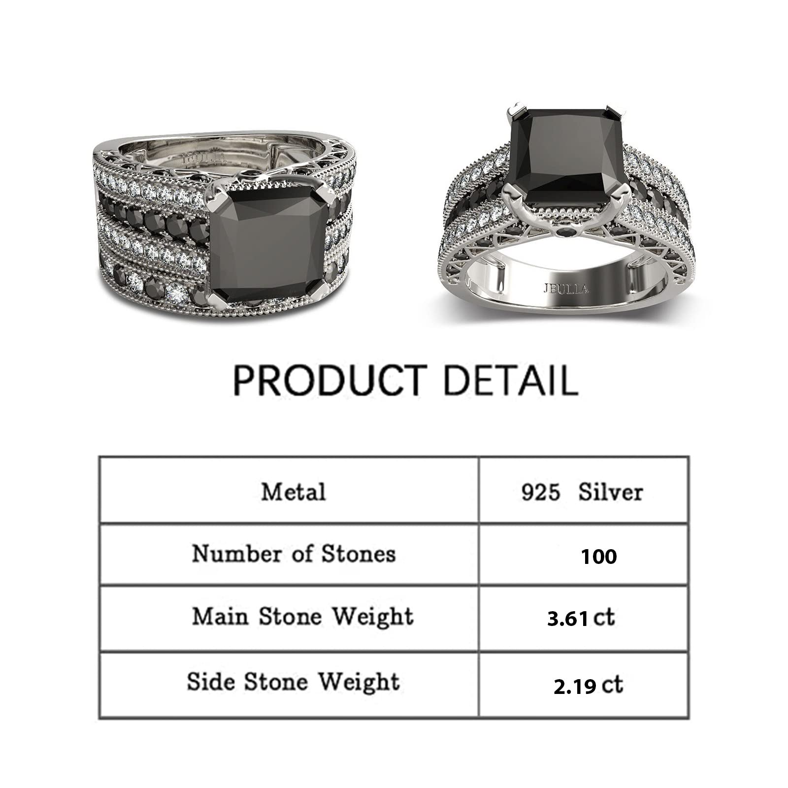 Jeulia 3.6 Carat Princess Cut Sterling Silver Black Stone Wedding Ring Set - Anniversary, Valentine's Day Gift for Wife & Girlfriend with Jewelry Box - Perfect for Proposals, Engagements & Romantic Occasions