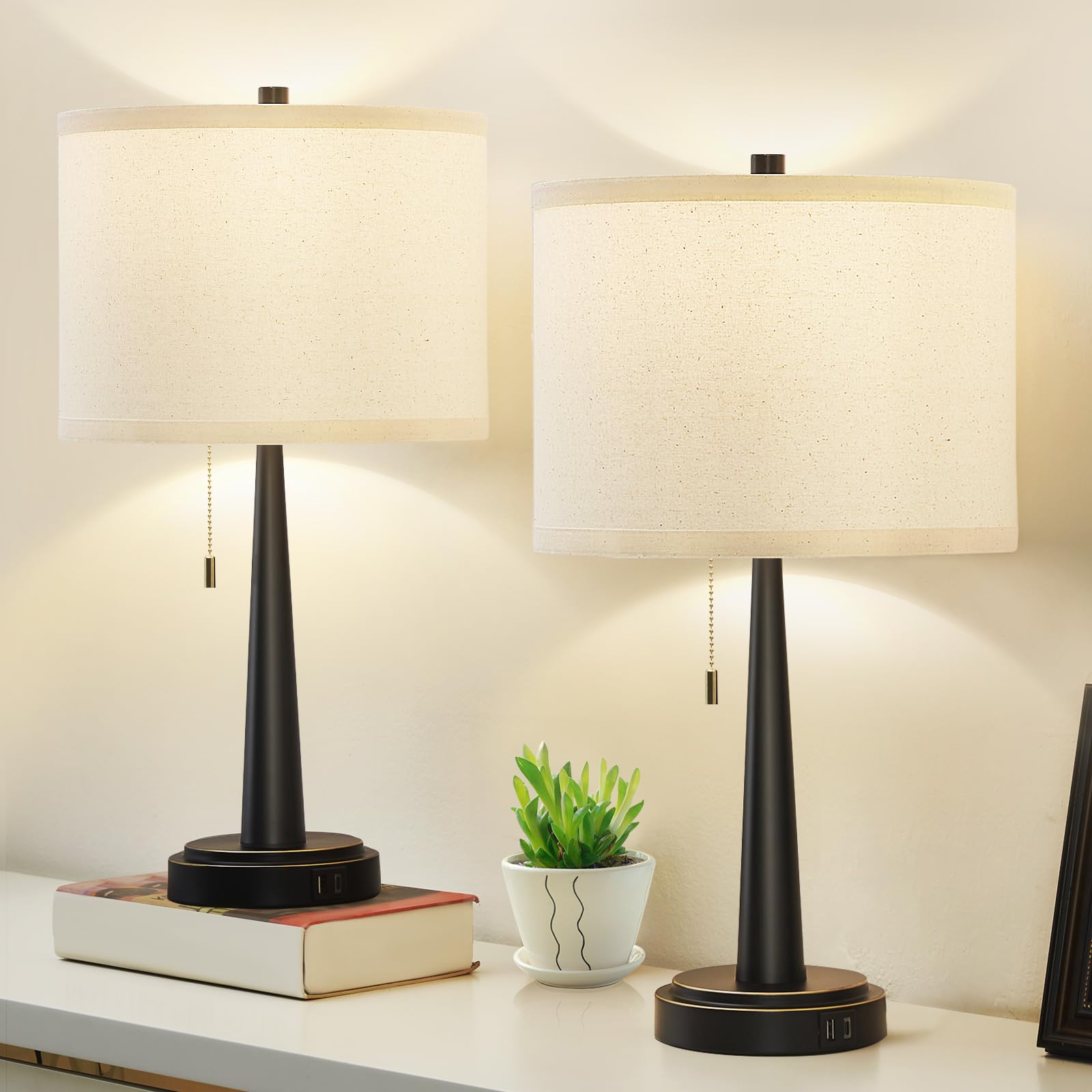 GyroVu Modern LED Table Lamp Set of 2 - USB-C/A Charging Nightstand Lamps with Pull Chain Switch, 9W Bulbs Included (Matte Black) - Perfect for Living Room, Bedroom & Office Lighting