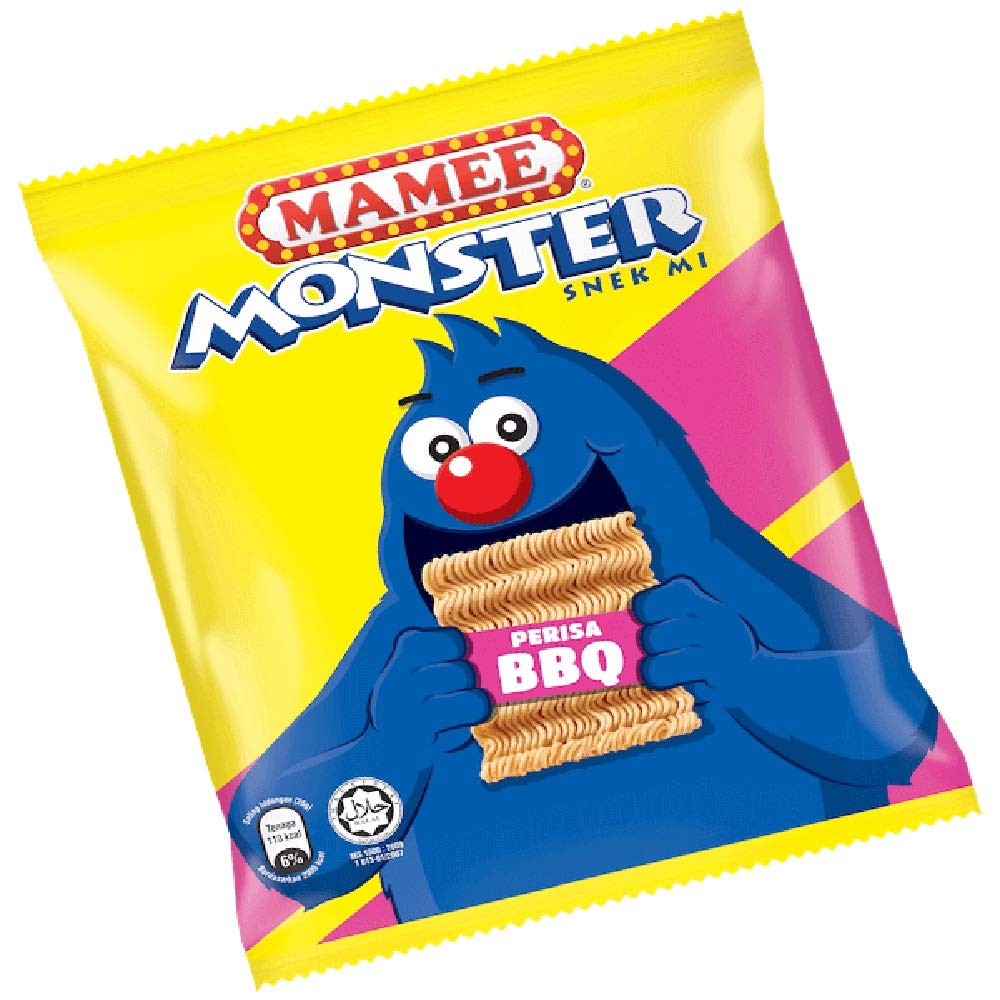 Mamee Monster Snack Noodles Family Pack - BBQ Flavor (25g x 160 Packs) | Crunchy Instant Noodles for Kids Lunch, School Snacks & Party Favors
