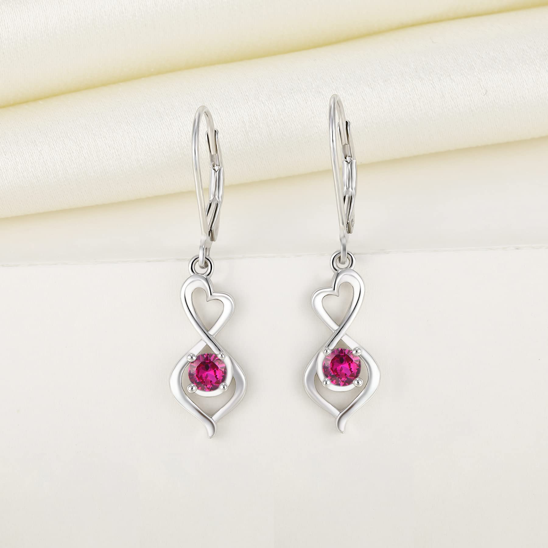 YL Heart Dangle Drop Earrings - 925 Sterling Silver Infinity Leverback Earrings with Birthstones | Twisted Jewelry for Women | Perfect for Valentine's Day, Anniversary Gifts & Special Occasions