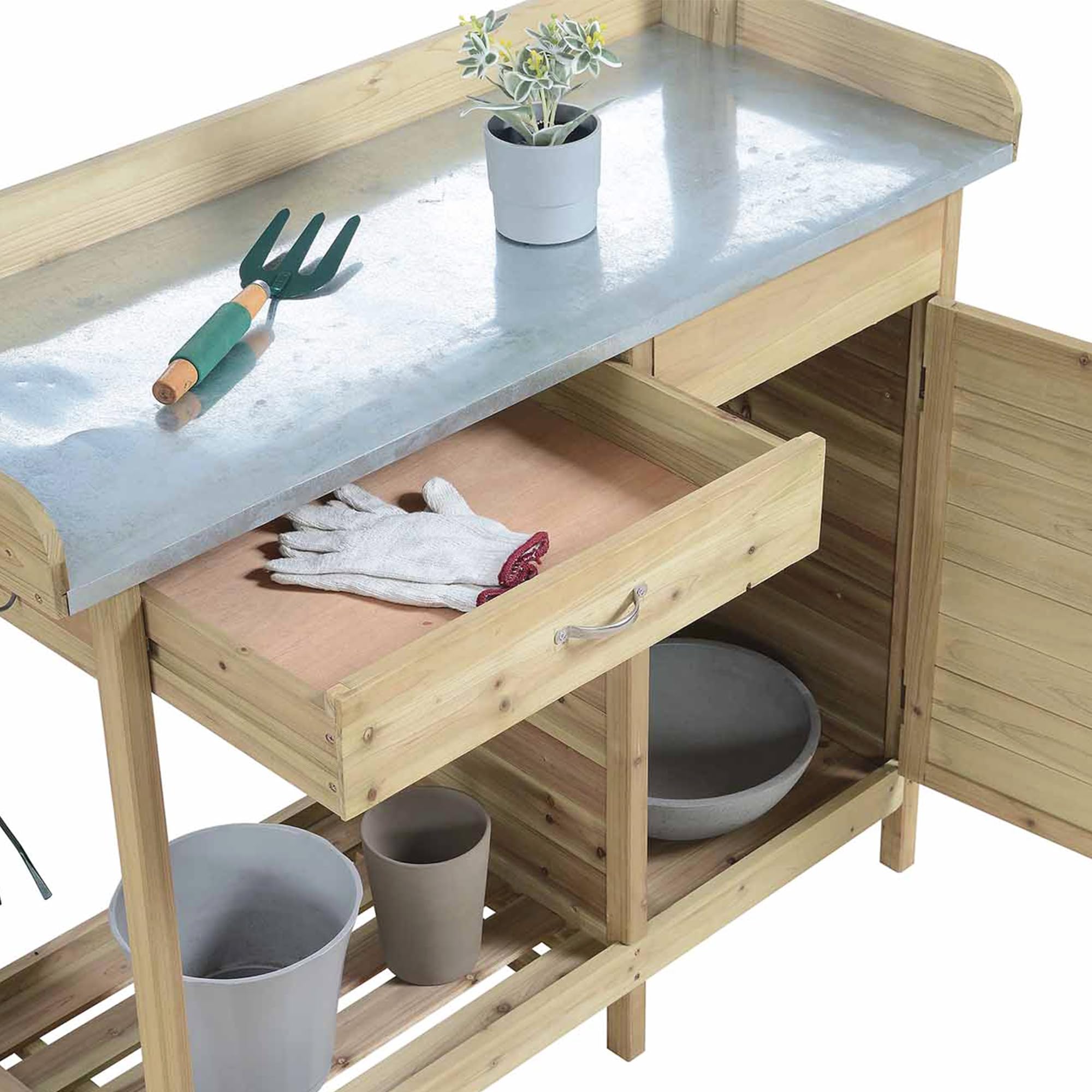 Deluxe 1 Drawer Potting Bench with Storage Cabinet & Shelves - Natural Fir Wood Garden Workstation for Planting, Gardening & Outdoor Storage