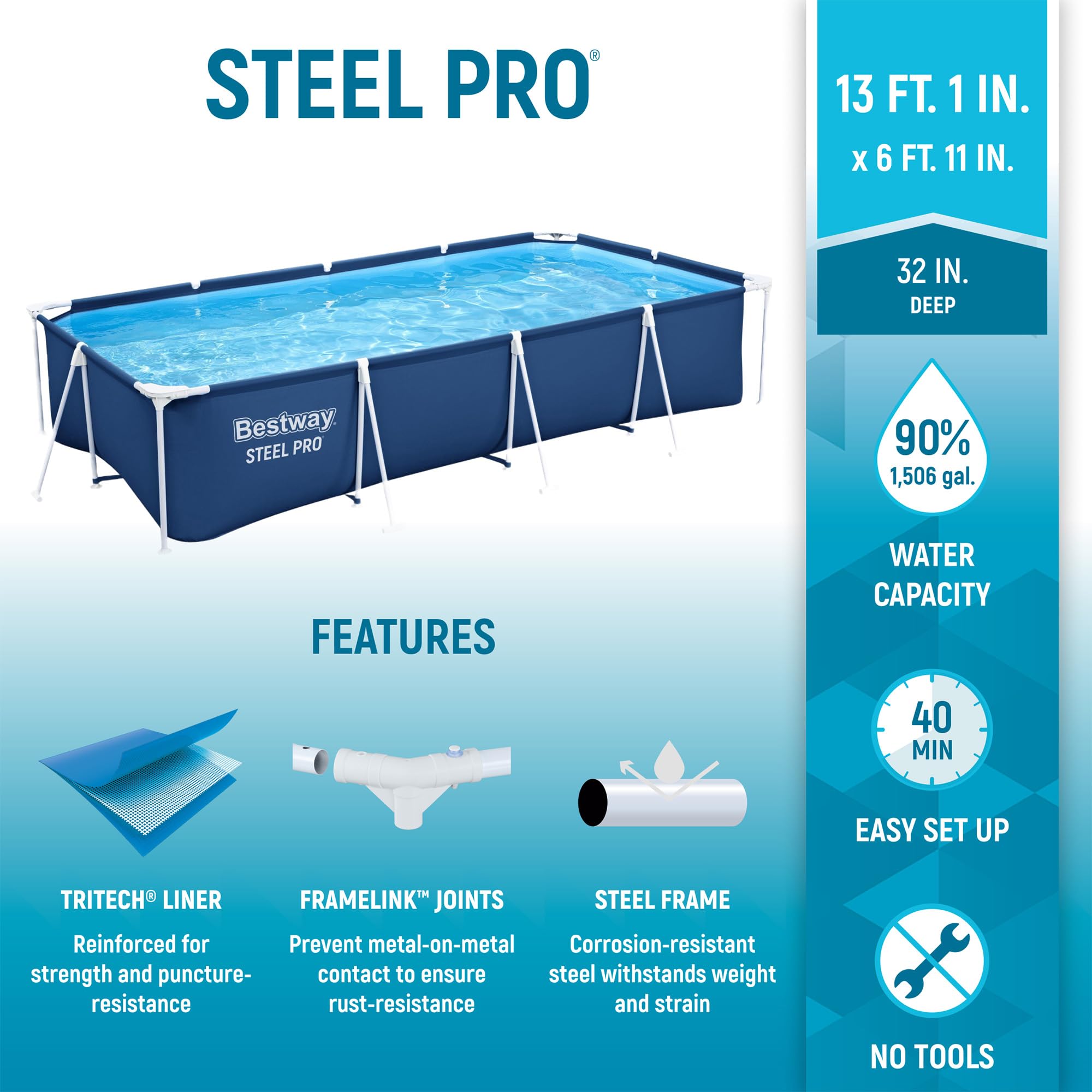 Bestway Steel Pro 13ft x 32in Rectangular Above Ground Outdoor Pool - Heavy Duty Steel Frame, 1,506 Gallon Capacity, Durable Vinyl Liner, Blue - Perfect for Backyard Swimming, Family Fun, and Summer Relaxation